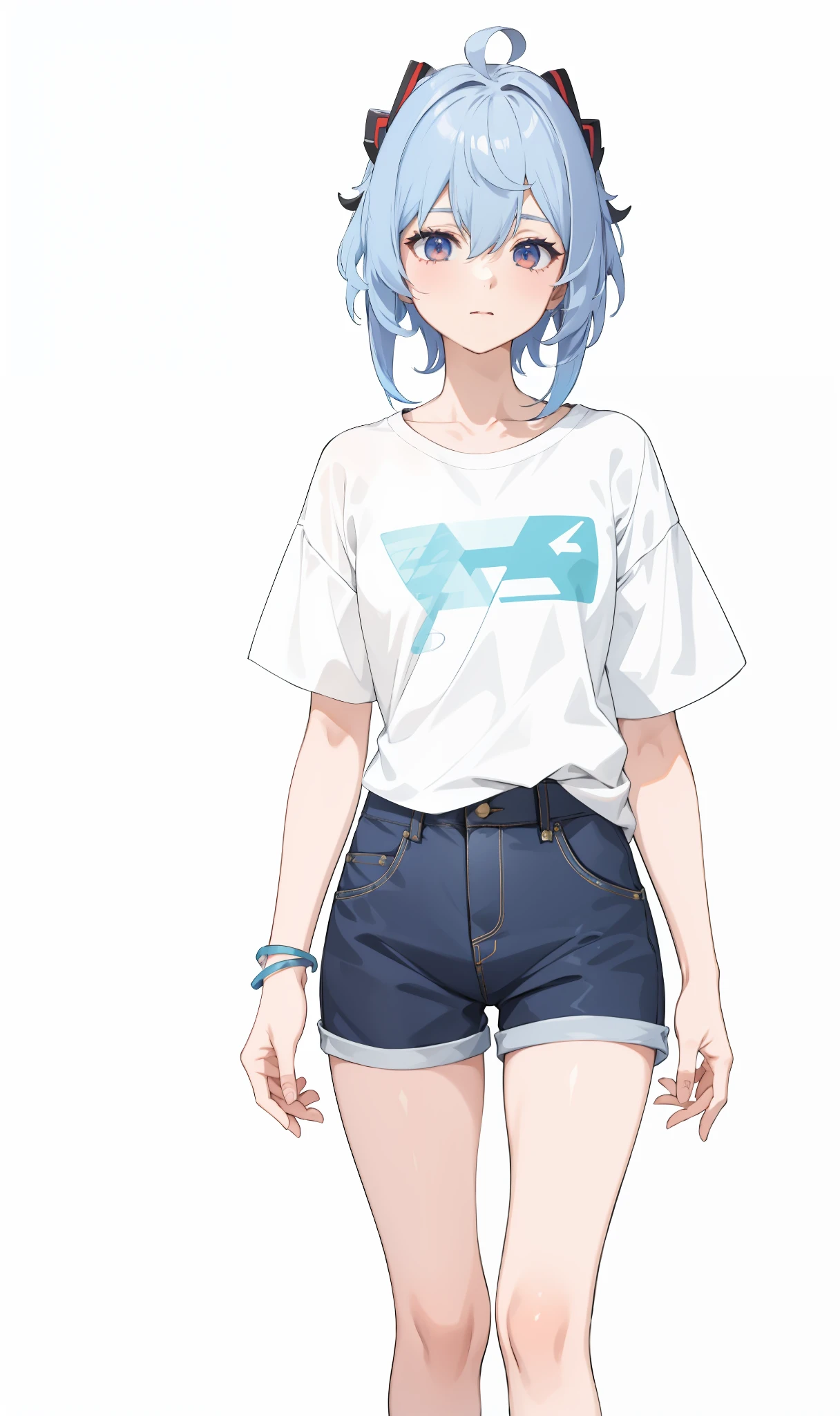 a woman in a white shirt and blue shorts standing with her hands in her pockets, girl with long white hair, 2 d anime style, anime girl with long hair, wearing casual clothes, style anime, full body portrait of a short!, mikudayo, anime land of the lustrous, high quality anime artstyle, hatsune miku short hair