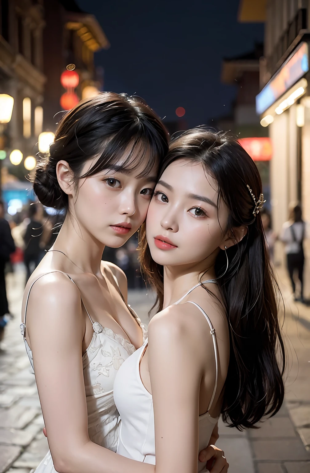 (Two Chinese stars with the style of royal sisters,duo,caressing the,Kissing,On the beach), ((Best quality, 8K, Masterpiece: 1.3)), Focus: 1.2, Perfect body beauty: 1.4 , (funny expression), (Night Street: 1.3), Highly detailed face and skin texture, Fine eyes, Double eyelids, Whitens the skin, (Air bangs: 1.3), (face round: 1.5), (Thin strap top: 1.4),