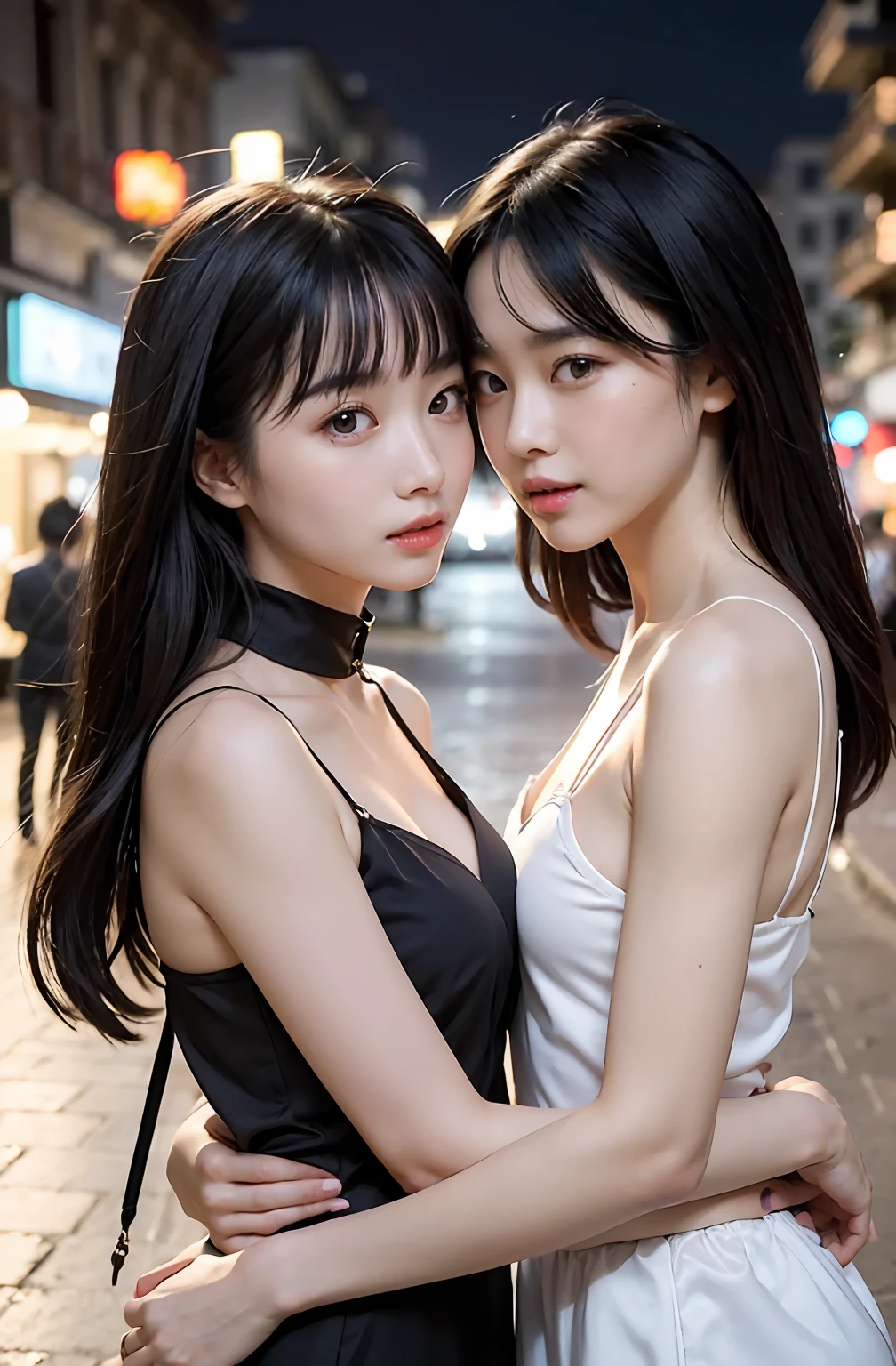 (Two Chinese stars with the style of royal sisters,duo,caressing the,Kissing,On the beach), ((Best quality, 8K, Masterpiece: 1.3)), Focus: 1.2, Perfect body beauty: 1.4 , (funny expression), (Night Street: 1.3), Highly detailed face and skin texture, Fine eyes, Double eyelids, Whitens the skin, (Air bangs: 1.3), (face round: 1.5), (Thin strap top: 1.4),