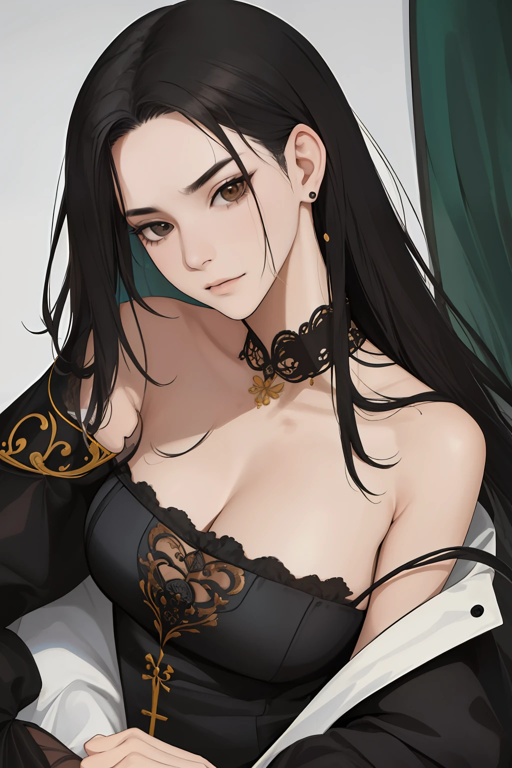 Black hair Long hair Small breasts Undressing Palace Bedroom Luxurious furniture Seduction Sexual expression