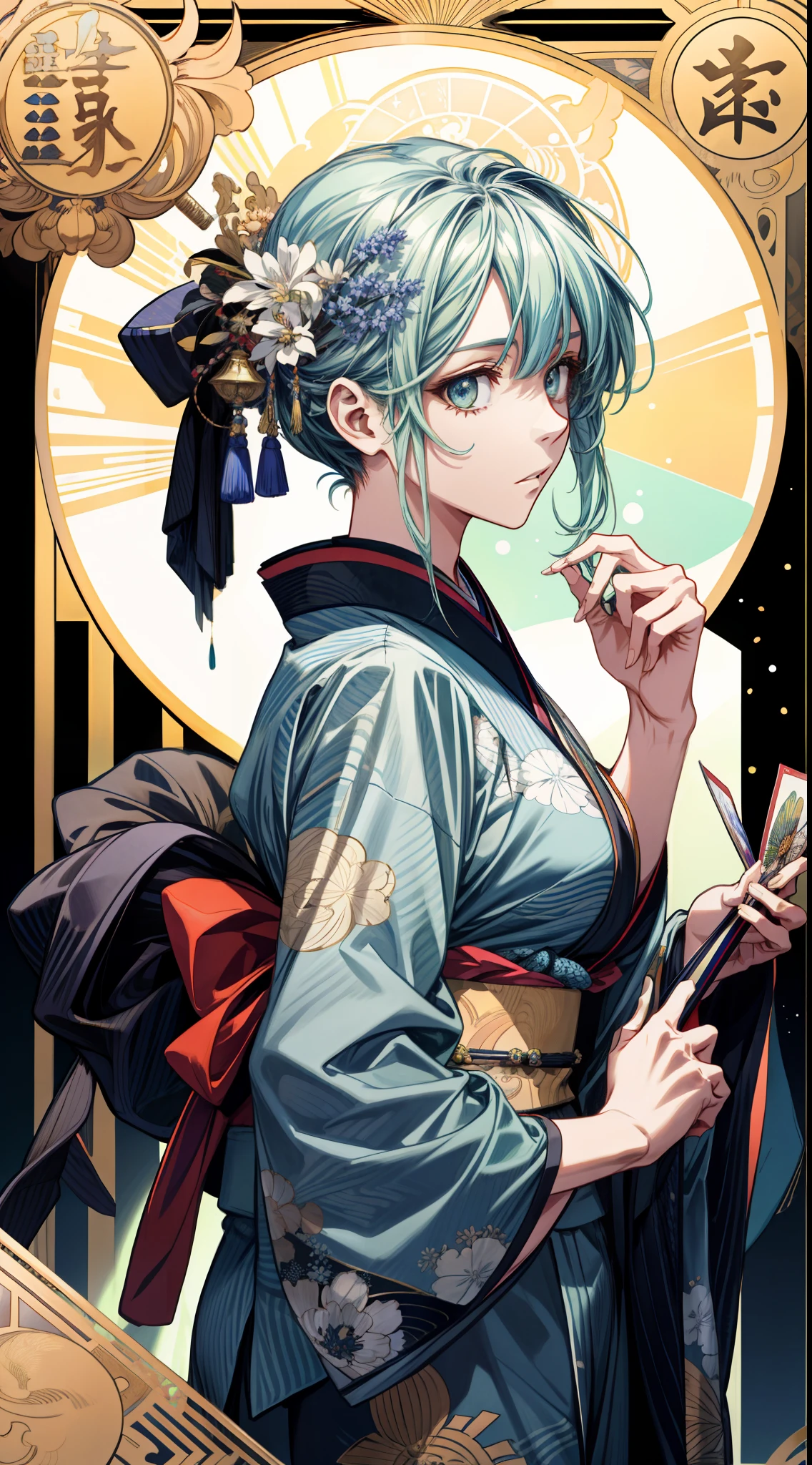 Young guy, short gray hair, high ponytail, Cyan eyes, Cat's ears, Hanfu, Sleeveless, Tatoo, Masterpiece, hiquality