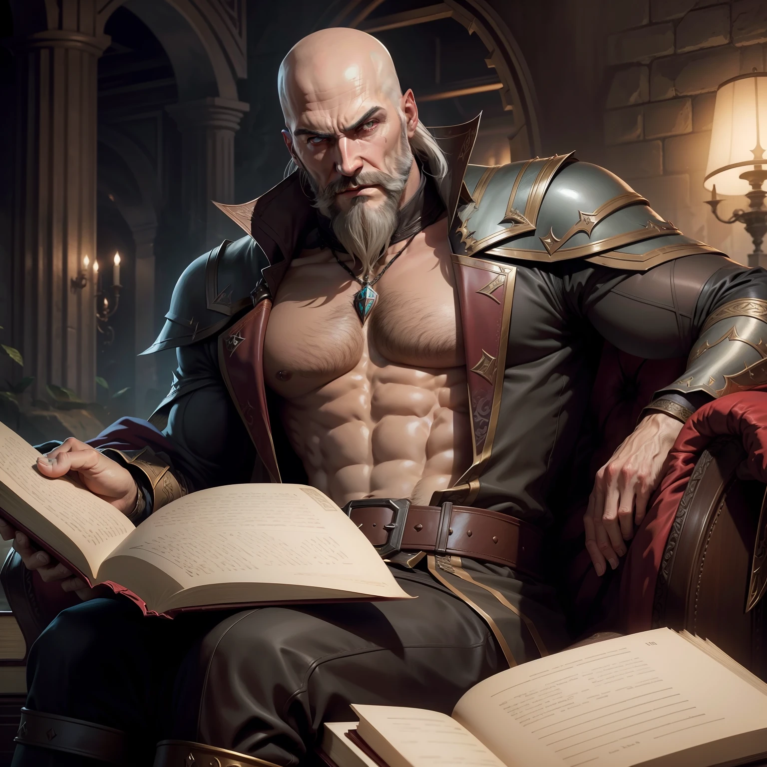 Castlevania Shadow Lord Bald Beard Handsome sitting in a large legendary riad Super detailed hyper realistic reading book Dynamic pose