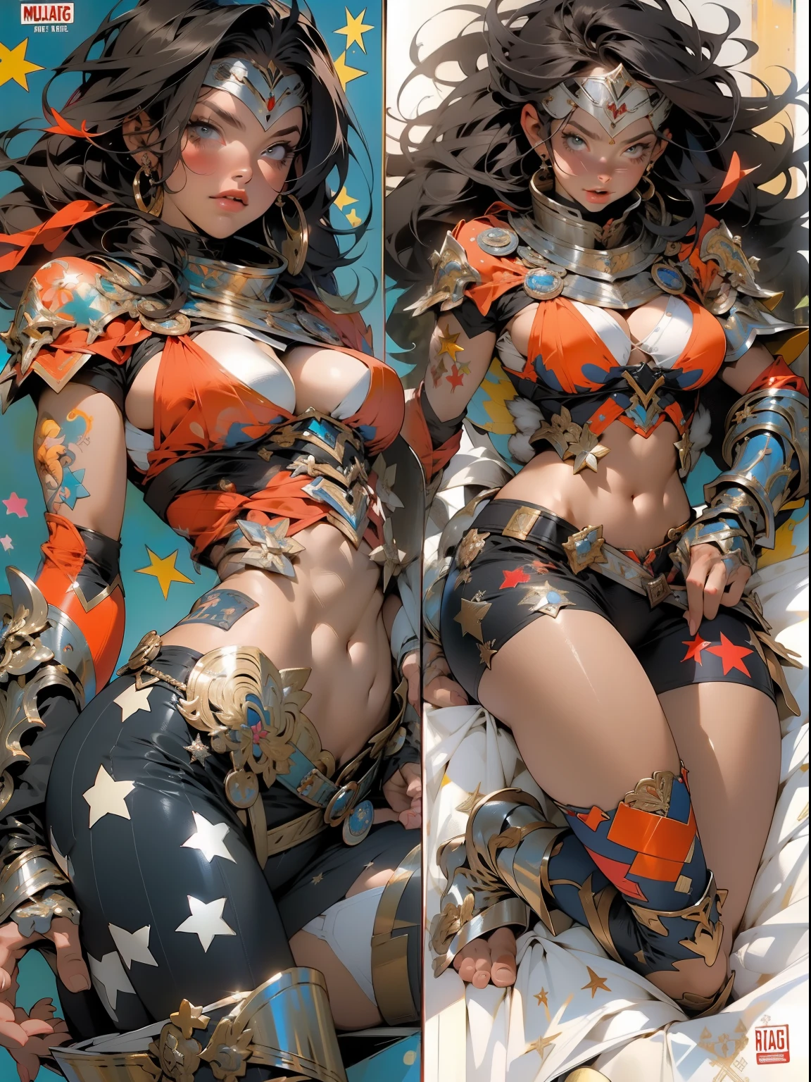 (((mulher))), (((melhor qualidade))), (((obra prima))), (((adulta))), Uma guerreira mulher de 35 anos com corpo perfeito, Brooklyn Gladiators, (( under boobs )), quase nua no estilo selvagem urbano de Simon Bisley para a capa da revista Heavy Metal, cabelo loiro, Minimum clothing, armadura (azul escuro com estrelas brancas e vermelho com listras brancas), cheio de pontas e rebites manchadas de tinta, tatuagem de estrelas de 5 pontas, (((corpo inteiro))), cabelo preto curto com franja branca cobrindo a testa