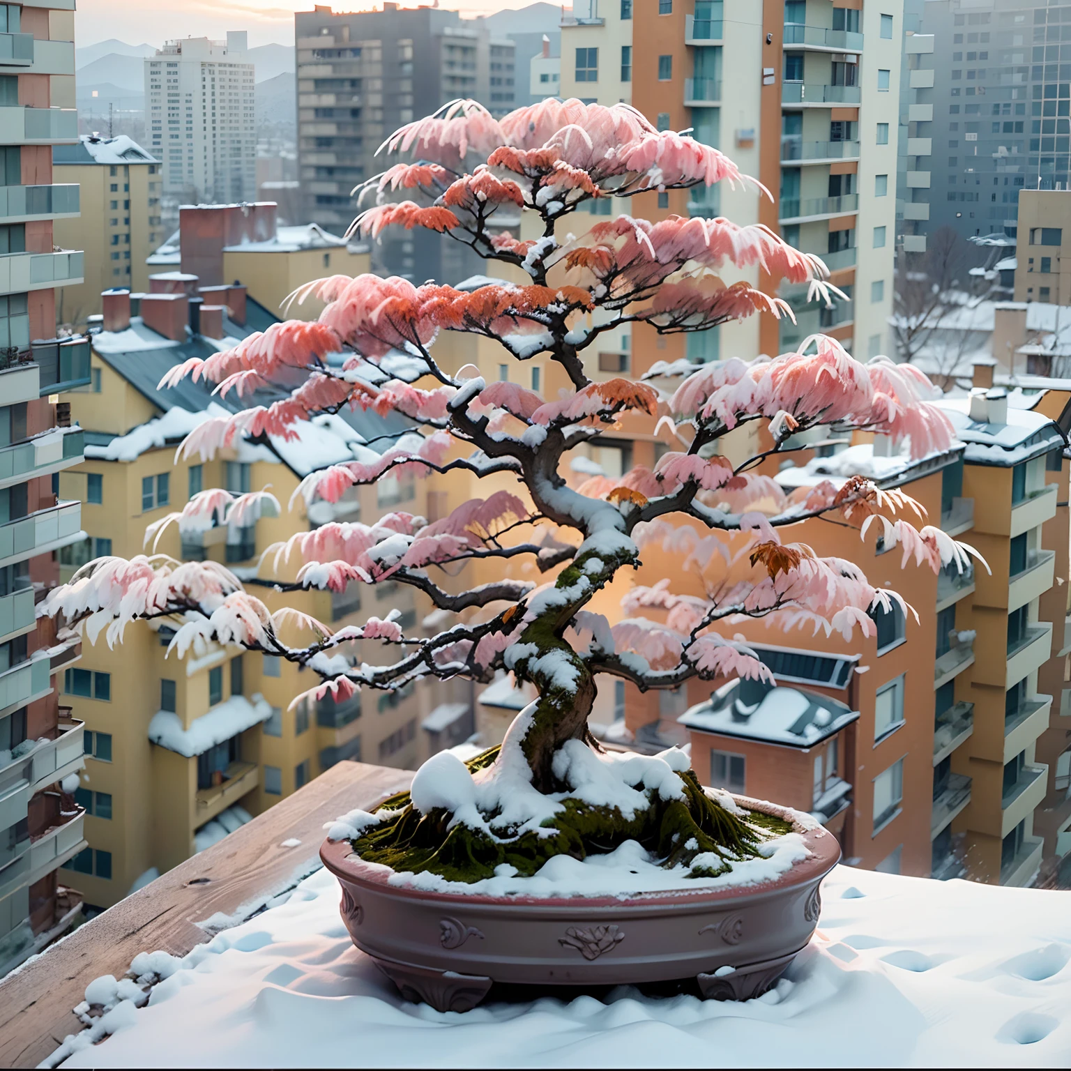 (A miniature Acer Palmatum bonsai: 1.4), en el balcon de un edificio, piso 3 al amanecer de invierno con nieve: 0.4, Nubes cirrus en el cielo