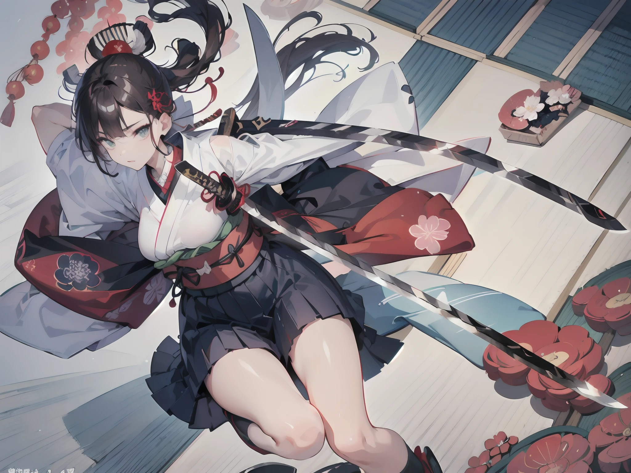 (fullllbody), 1 Samurai Girl, ((独奏:1.4)), (beautifully detailed eyes), (beautiful and detailed face), Perfect female body, (neat figure:1.2), Slender waist, (18year old), Very big eyes, watery lips, (Sober haori hakama:1.4), (Red neckband and black gauntlet), (1 Perfectly shaped Japan sword:2), (Blades without distortion:2),Surrounded by three samurai, ((Flashy sword fighting)), (top-quality), (ultra-detailliert), (masuter piece), (hight resolution), (Photorealsitic:1.4), (Dynamic Angle:1.2), (Original), (the Extremely Detailed CG Unity 8K Wallpapers), Character Design, Game CG, Detailed Manga Illustration, Realistic head-to-body size ratio:1.2