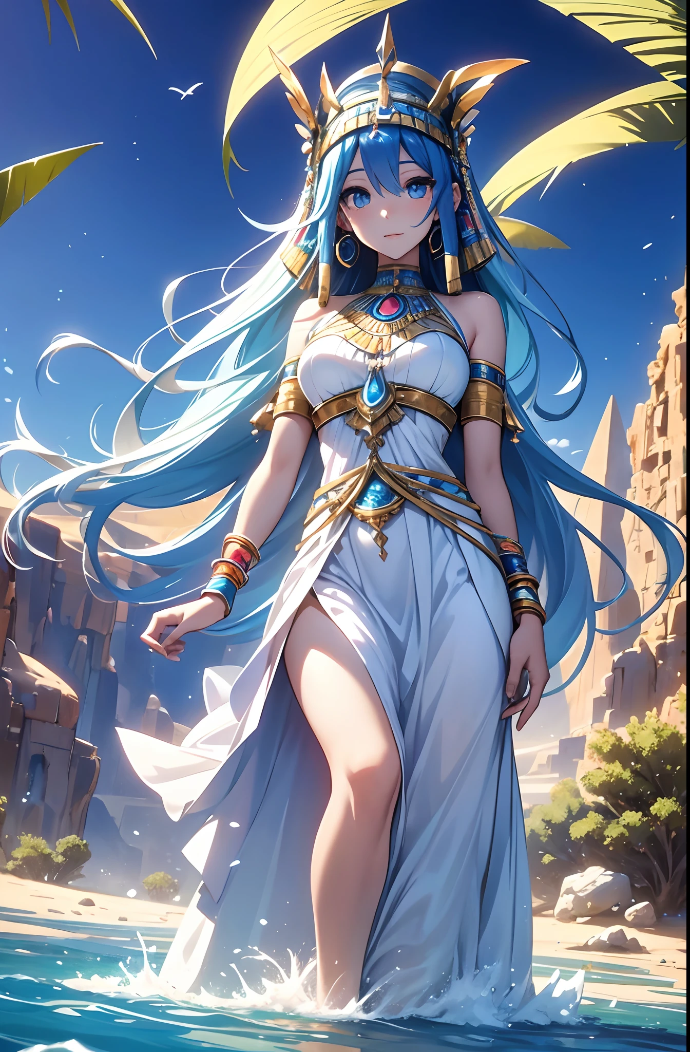 best qualityer,tmasterpiece,Ultimate resolution,downy,Extremely colorful,Colorful,Oasis background,Ancient Egyptian woman,Long azure hair,a matural female,Long white dress in Egyptian style,a white long skirt,Treading water,Desert oasis,Nile River,Normal posture
