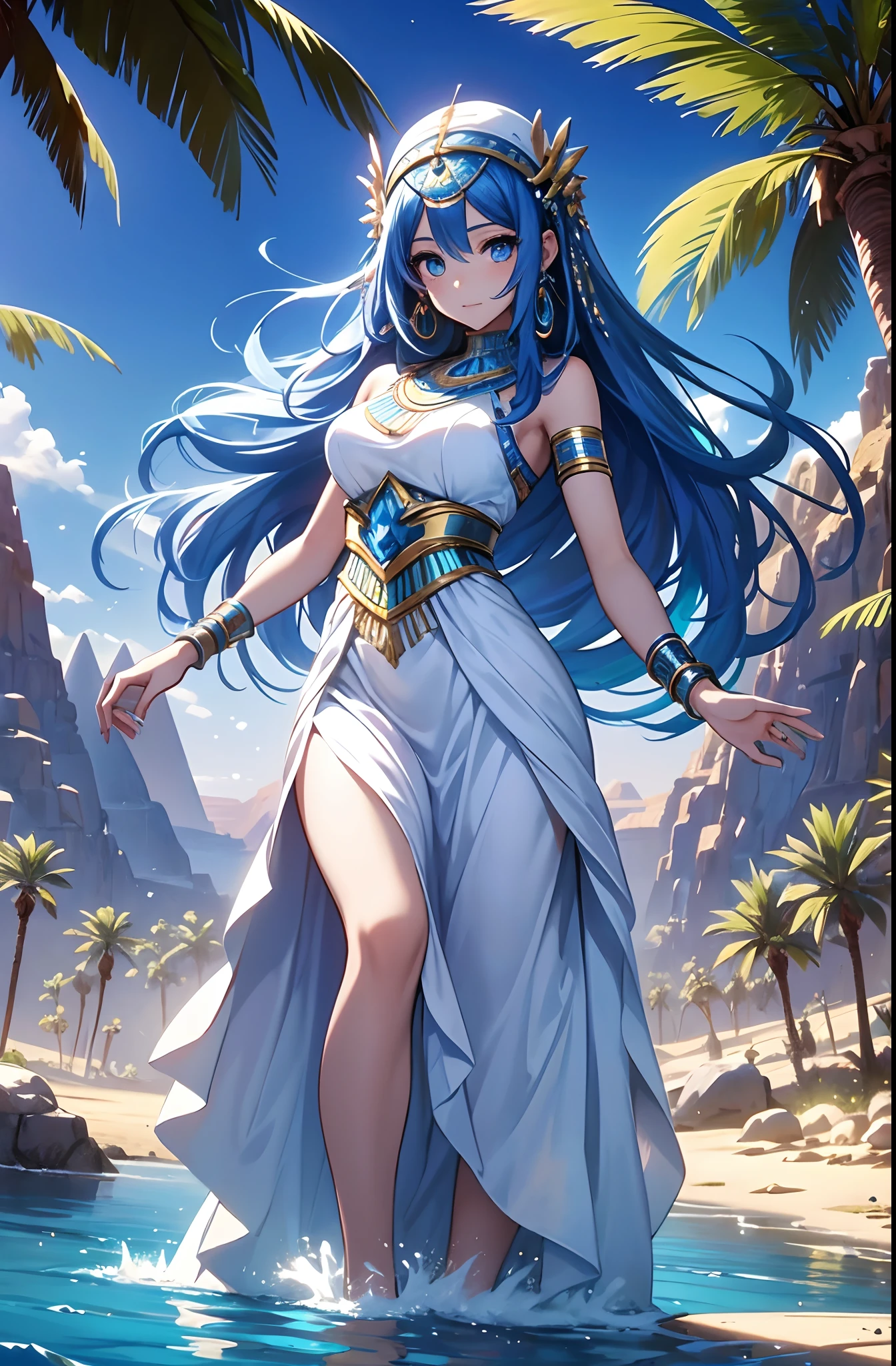 best qualityer,tmasterpiece,Ultimate resolution,downy,Extremely colorful,Colorful,Oasis background,Ancient Egyptian woman,Long azure hair,a matural female,Long white dress in Egyptian style,a white long skirt,Treading water,Desert oasis,Nile River,Normal posture