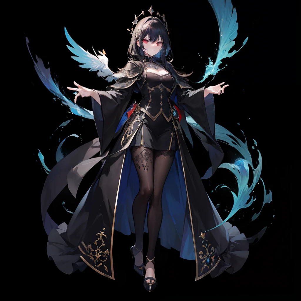 (((full body))),{{{best quality}}},{{{HDR, UHD, 8K }}}, {{ultra-fine painting}},{{{masterpiece}}}, {{ultra-detailed}},{{extreme detail description}},{{Professiona}},{illustration}, {detailed light}, {an extremely delicate and beautiful},Ring color feathers,a black cloak,black reotard,Angry eyes,Extend your right hand forward,Starry night,High heels with red tongue licking soles