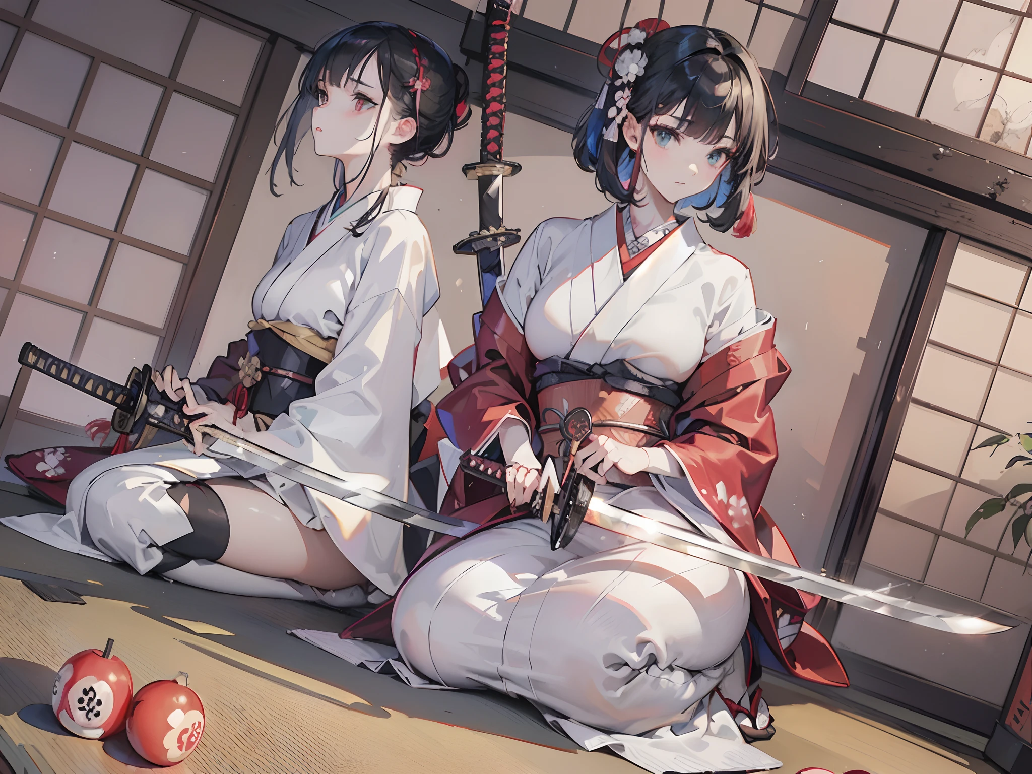 (fullllbody), 1 Samurai Girl, ((独奏:1.4)), (beautifully detailed eyes), (beautiful and detailed face), Perfect female body, (neat figure:1.2), Slender waist, (18year old), Very big eyes, watery lips, (Sober haori hakama:1.4), (Red neckband and black gauntlet), (1 Perfectly shaped Japan sword:2), (Blades without distortion:2),Surrounded by three samurai, ((Flashy sword fighting)), (top-quality), (ultra-detailliert), (masuter piece), (hight resolution), (Photorealsitic:1.4), (Dynamic Angle:1.2), (Original), (the Extremely Detailed CG Unity 8K Wallpapers), Character Design, Game CG, Detailed Manga Illustration, Realistic head-to-body size ratio:1.2