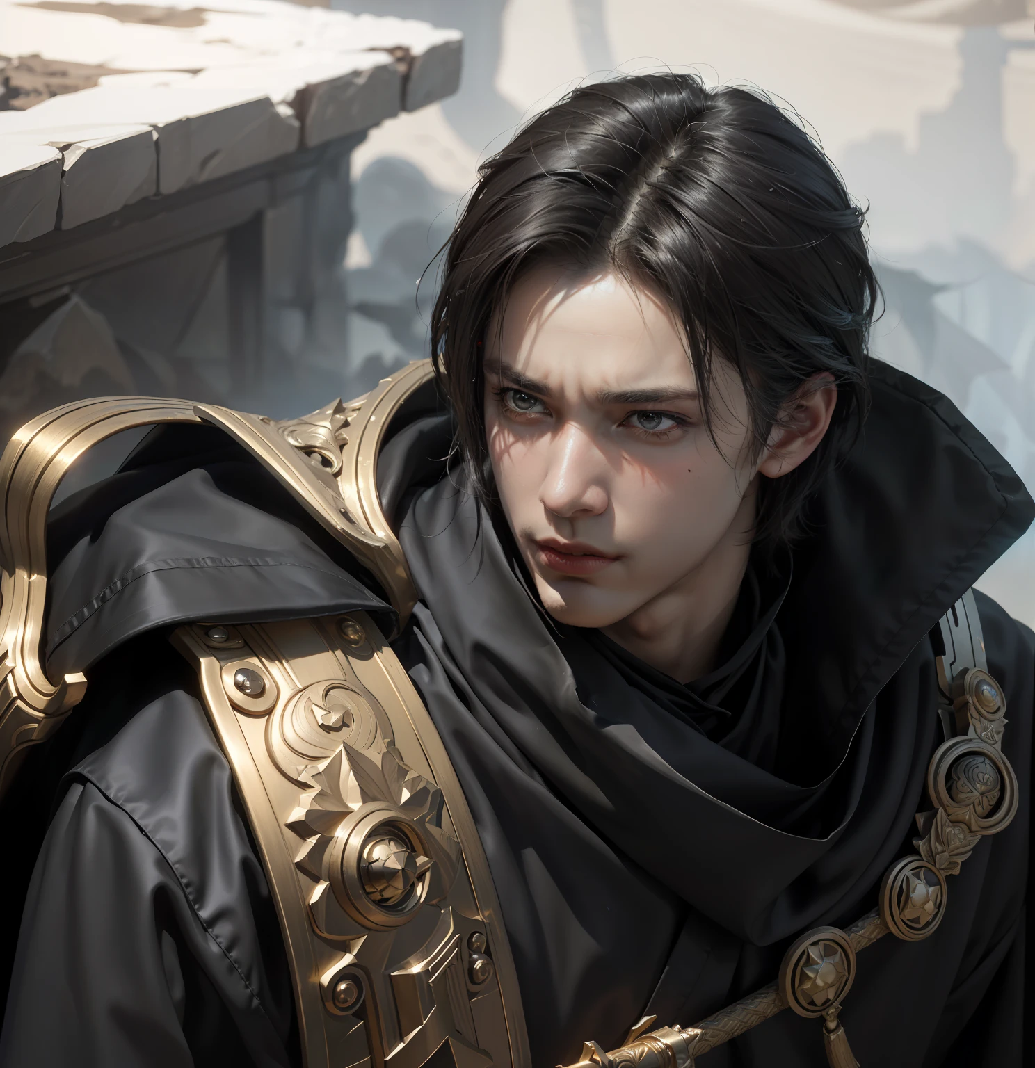 a close up of 1 man holding a gun, handsome guy in demon slayer, stern look, 6th Century catastrophe, post-apocalypse, solo focus, adult, pale and young adult face, short black hair, black silk robe with golden lining, palace, realistic, dynamic pose realistic, detailed and correct facial structure, dark atmosphere, blades ornaments, LEON S. KENNEDY, handsome, attractive, slightly muscular, cinematic lighting, unreal engine, trending on ArtStation, intricate details, masterpiece, best quality, by Irakli Nadar, Greg Rutkowski,(((best quality))),(((ultra detailed))),(((masterpiece)))