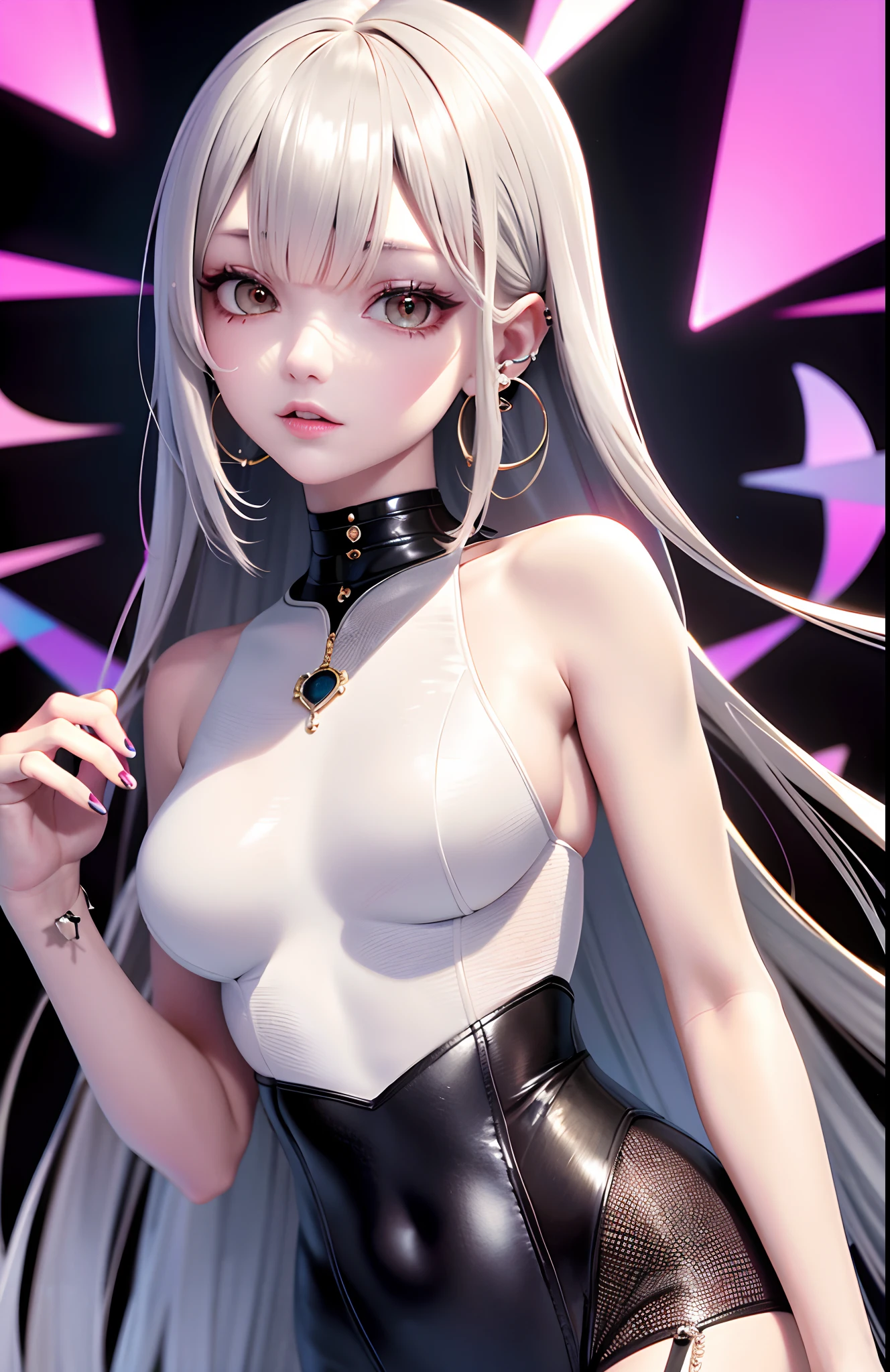 optimum,tmasterpiece,A high resolution,best qualtiy,hyper HD,super detailing,Award-Awarded,16k,独奏,(The upper part of the body),anatomy correct,Beautiful cyberpunk girl,Ex Machina,cute face,high light,Gradient Beige Hair,Hairline,((Scarlet eyes)),long eyelasher,Hanging eye corners,White skin of the,(small boobs),(Slim body),((underbust)),((high-waist_Skirt)),(),ear studs,(neck rings),(Laser material clothing:1.2)