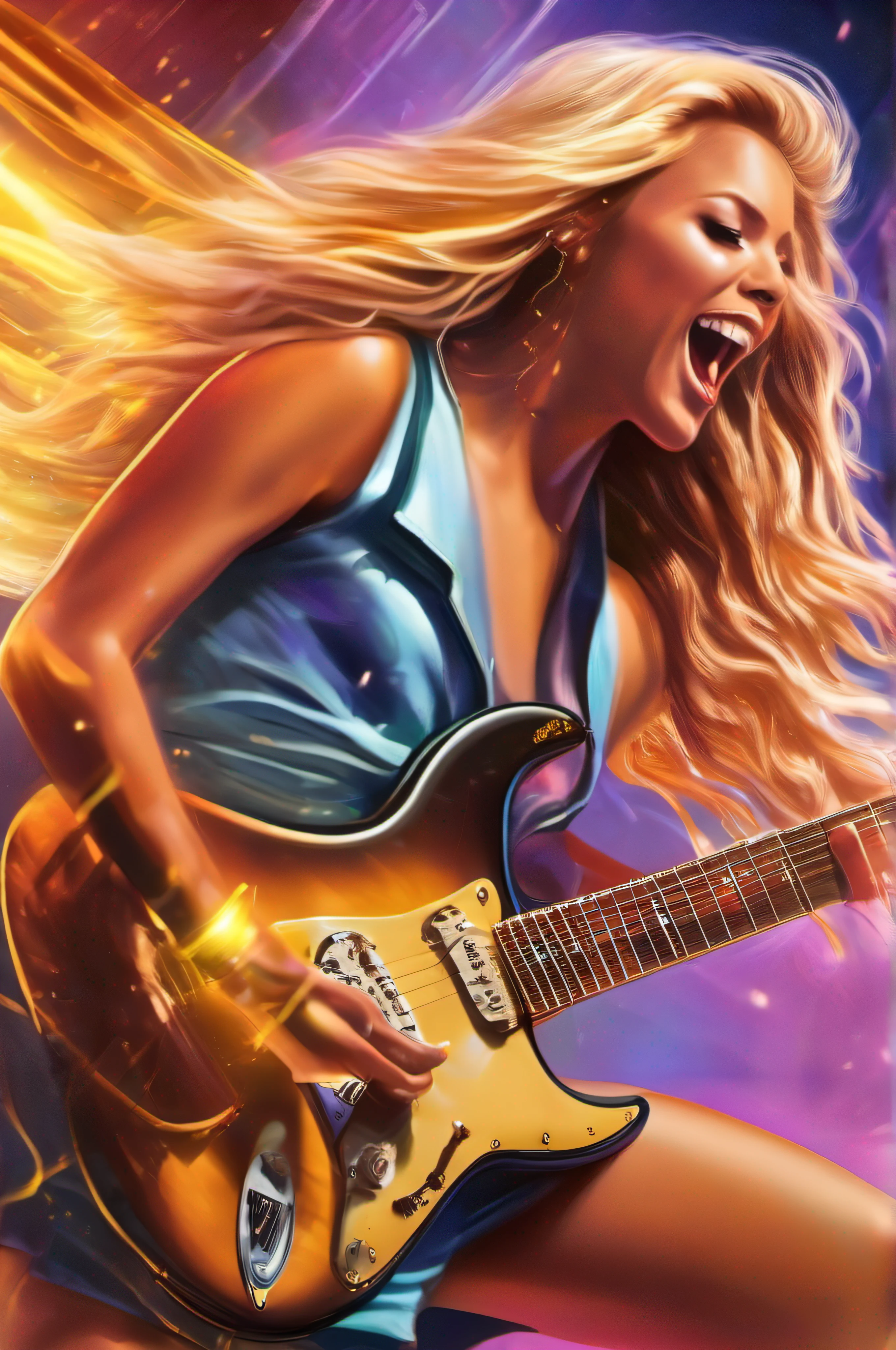Blonde idol singer passionately strumming a Fender Stratocaster guitar during an electrifying concert, capturing the energy and excitement of the performance. The photograph showcases the singer's vibrant stage presence, with their golden locks flowing in the air as they rock out with the iconic guitar. The lighting is dynamic, creating dramatic shadows and highlights that enhance the atmosphere. The color palette is bold and vibrant, with a mix of warm and cool tones that amplify the concert's intensity. Shot with a Nikon D850 DSLR camera and a wide-angle lens, the image captures the entire stage, allowing viewers to feel like they're at the front row of the concert. Hyper-realism, highly detailed, and high-resolution 16k --ar 16:9 --q 2.