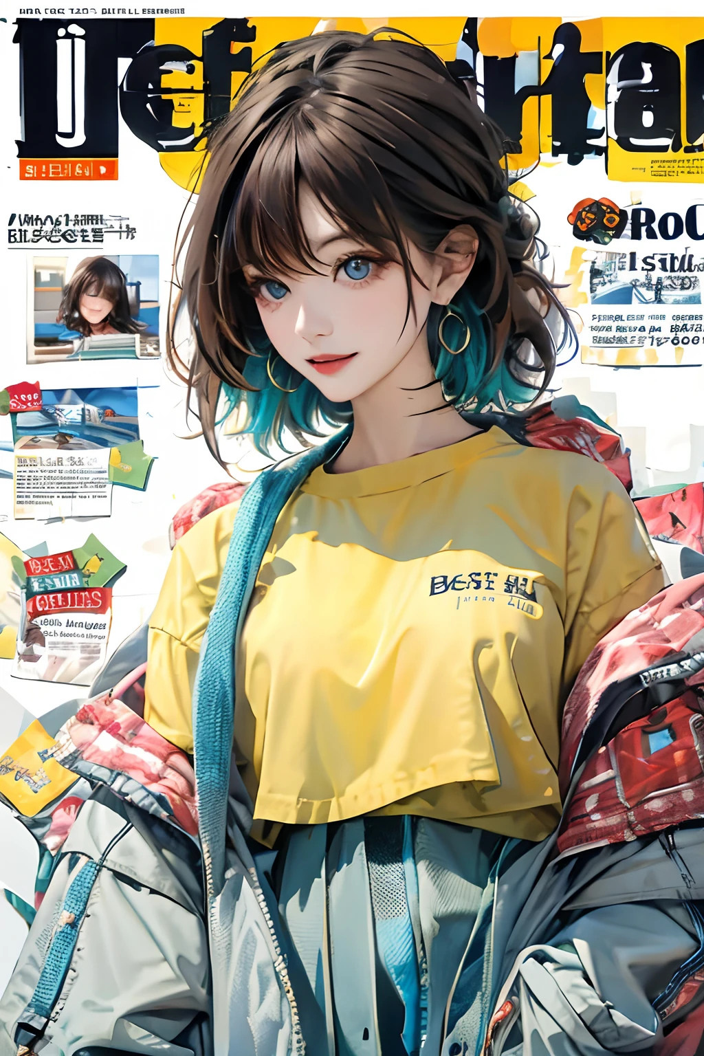 masterpiece, best quality, spring outfit, colorful hair, outdoor, magazine cover ,upper body,