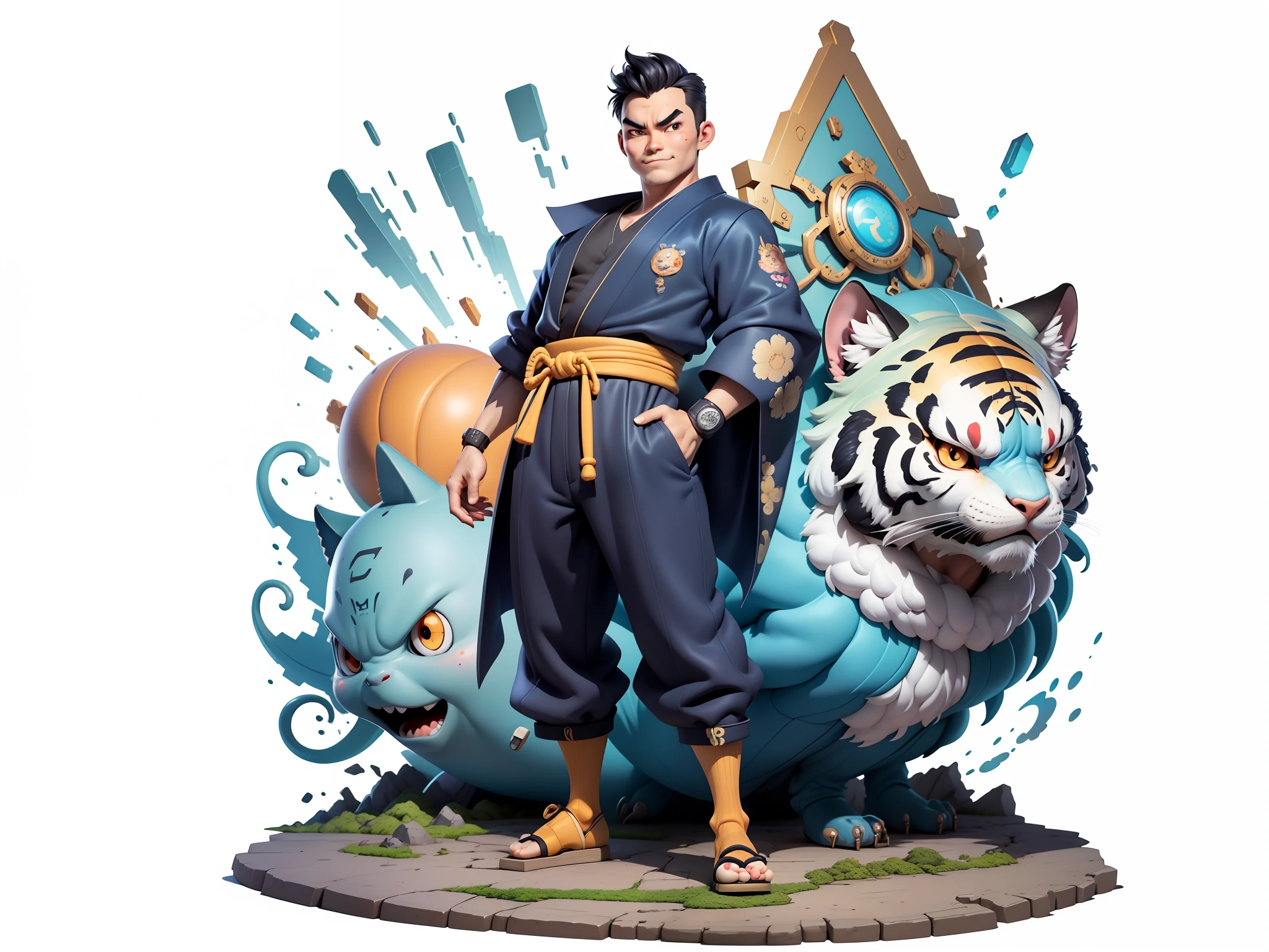 (Masterpiece), (Excellent), (Super Meticulous), (Full Body: 1.2), Super Young Man, Oriental Face, Japanese Kimono, Japanese Wind Thunder God, Dragon, Tiger, TV Anchor, Bust Portrait Illustration, Alone, Black Suit, Blue Tie, Slightly Chubby Face, Very Clean Face, No Beard, Black Super Short Hair, Black Eyes, Confident Smile, 3c Computer Sub-Products, iPad, iPhone, Digital Painting, 3D Character Design by Akira Toriyama and Mark Claireden and Pixar and Hayao Miyazaki, The illustration is a high-definition illustration in 4K resolution with very detailed facial features and cartoon-style visuals.