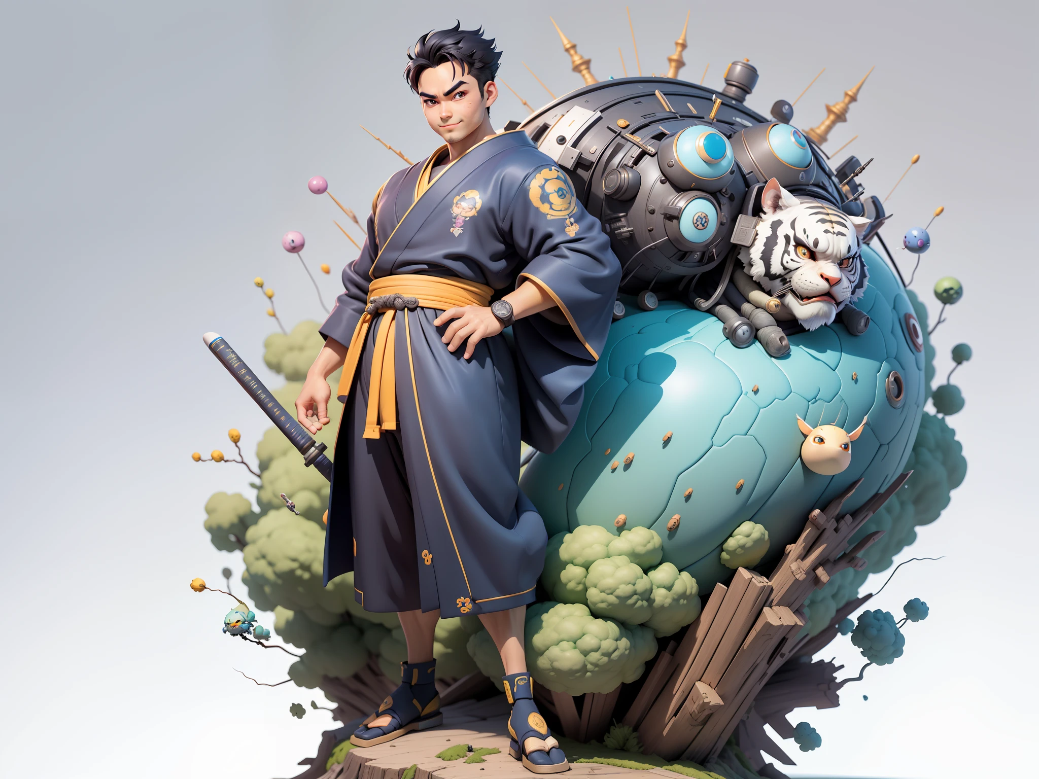 (Masterpiece), (Excellent), (Super Meticulous), (Full Body: 1.2), Super Young Man, Oriental Face, Japanese Kimono, Japanese Wind Thunder God, Dragon, Tiger, TV Anchor, Bust Portrait Illustration, Alone, Black Suit, Blue Tie, Slightly Chubby Face, Very Clean Face, No Beard, Black Super Short Hair, Black Eyes, Confident Smile, 3c Computer Sub-Products, iPad, iPhone, Digital Painting, 3D Character Design by Akira Toriyama and Mark Claireden and Pixar and Hayao Miyazaki, The illustration is a high-definition illustration in 4K resolution with very detailed facial features and cartoon-style visuals.