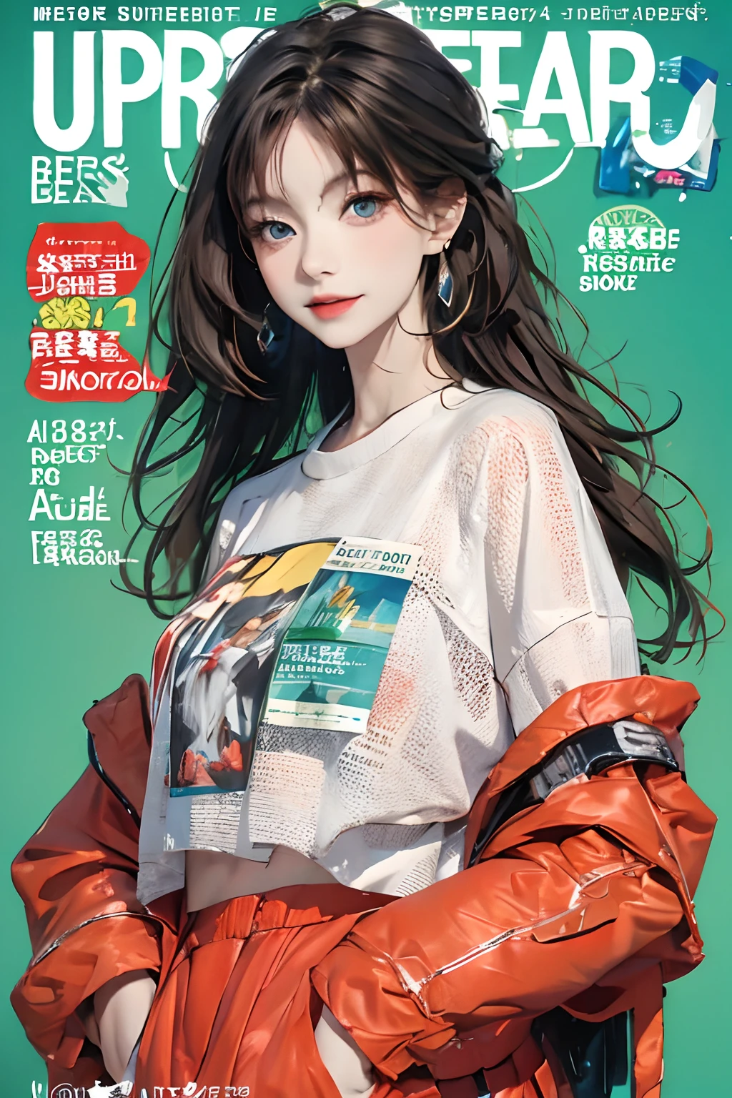 masterpiece, best quality, spring outfit, colorful hair, outdoor, magazine cover ,upper body,