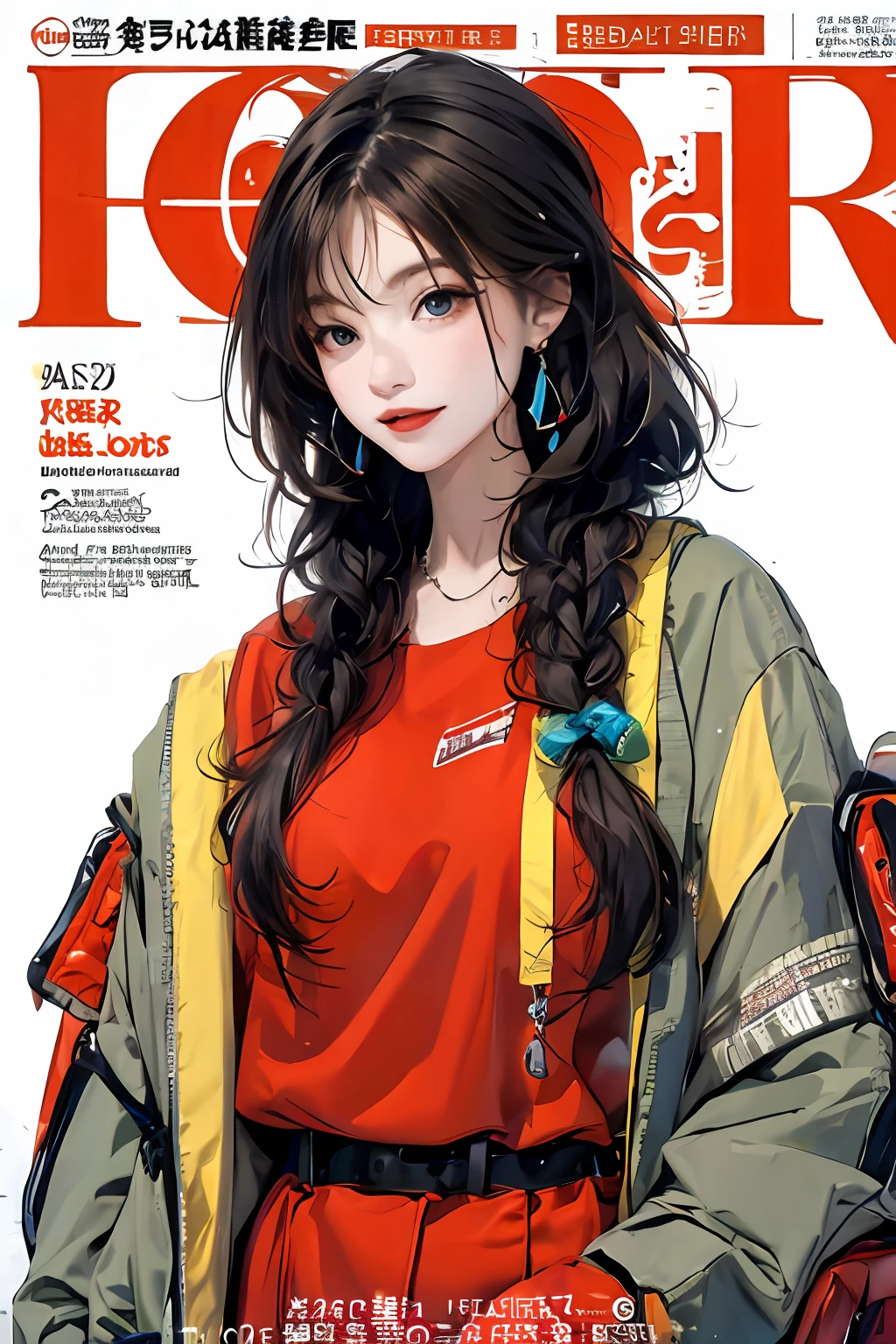 masterpiece, best quality, spring outfit, colorful hair, outdoor, magazine cover ,upper body,