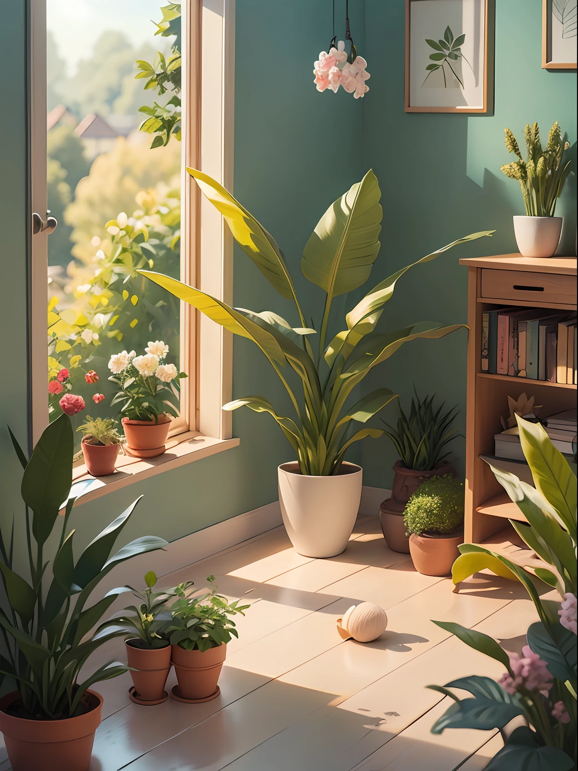 Study illustration drawn in cartoon style. Add natural elements, As plants and flowers, And use a soft color palette to create a relaxing atmosphere.