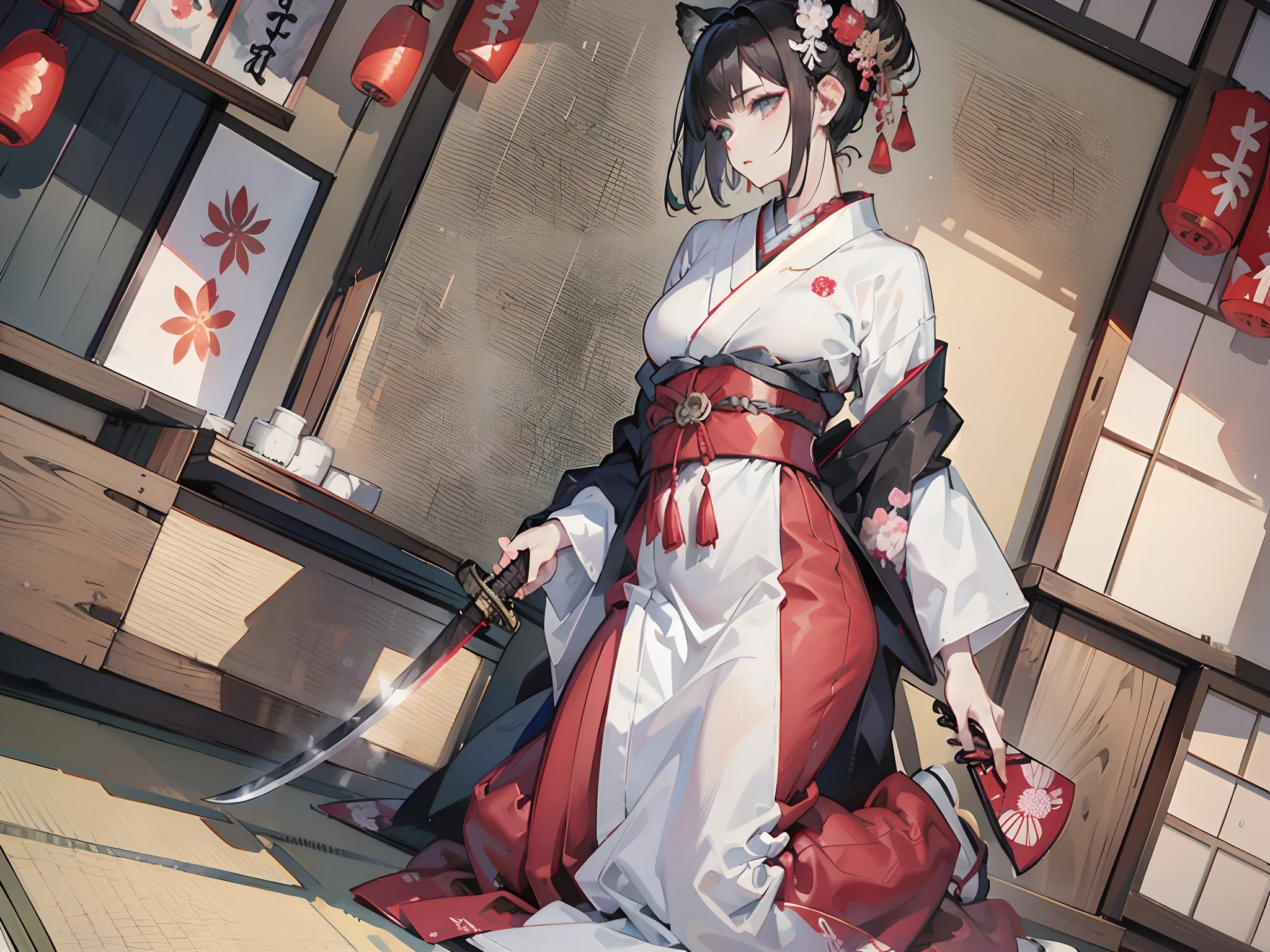 ((perfect anatomy:1.2,realistic:1.3,RAW Photography:1.,masterpiece、highest quality、Ultra - High resolution、High resolution、Highly detailed CG、8K)),nsfw,cowboy shot,1 female,solo、18 year old beauty,Japanese,((beautiful detailed face and eyes:1.3,big gorgeous eyes:1.3,black eyes:1.3)),long hair,ponytail hair,straight hair,blunt bangs,blush,Painful expression,((medium breasts,slender body,small head:1.3,skinny)),(((Bruises from being beaten a lot:1.7))),((sweat:1.3)),(Holding a Japanese sword in one hand:1.5),(Torn clothing、ninja uniform:1.3、Black kimono、Sleeveless、Black mini skirt、Deep slit),kneeling,Port warehouse district、container,moonlight、at night、