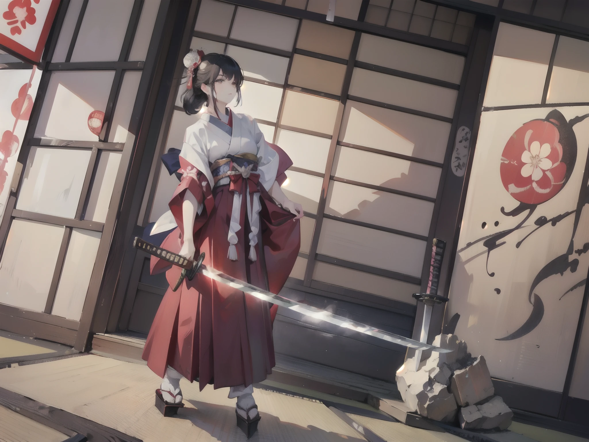 (fullllbody), 1 Samurai Girl, ((独奏:1.4)), (beautifully detailed eyes), (beautiful and detailed face), Perfect female body, (neat figure:1.2), Slender waist, (18year old), Very big eyes, watery lips, (Sober haori hakama:1.4), (Red neckband and black gauntlet), (1 Perfectly shaped Japan sword:2), (Blades without distortion:2),Surrounded by three samurai, ((Flashy sword fighting)), (top-quality), (ultra-detailliert), (masuter piece), (hight resolution), (Photorealsitic:1.4), (Dynamic Angle:1.2), (Original), (the Extremely Detailed CG Unity 8K Wallpapers), Character Design, Game CG, Detailed Manga Illustration, Realistic head-to-body size ratio:1.2