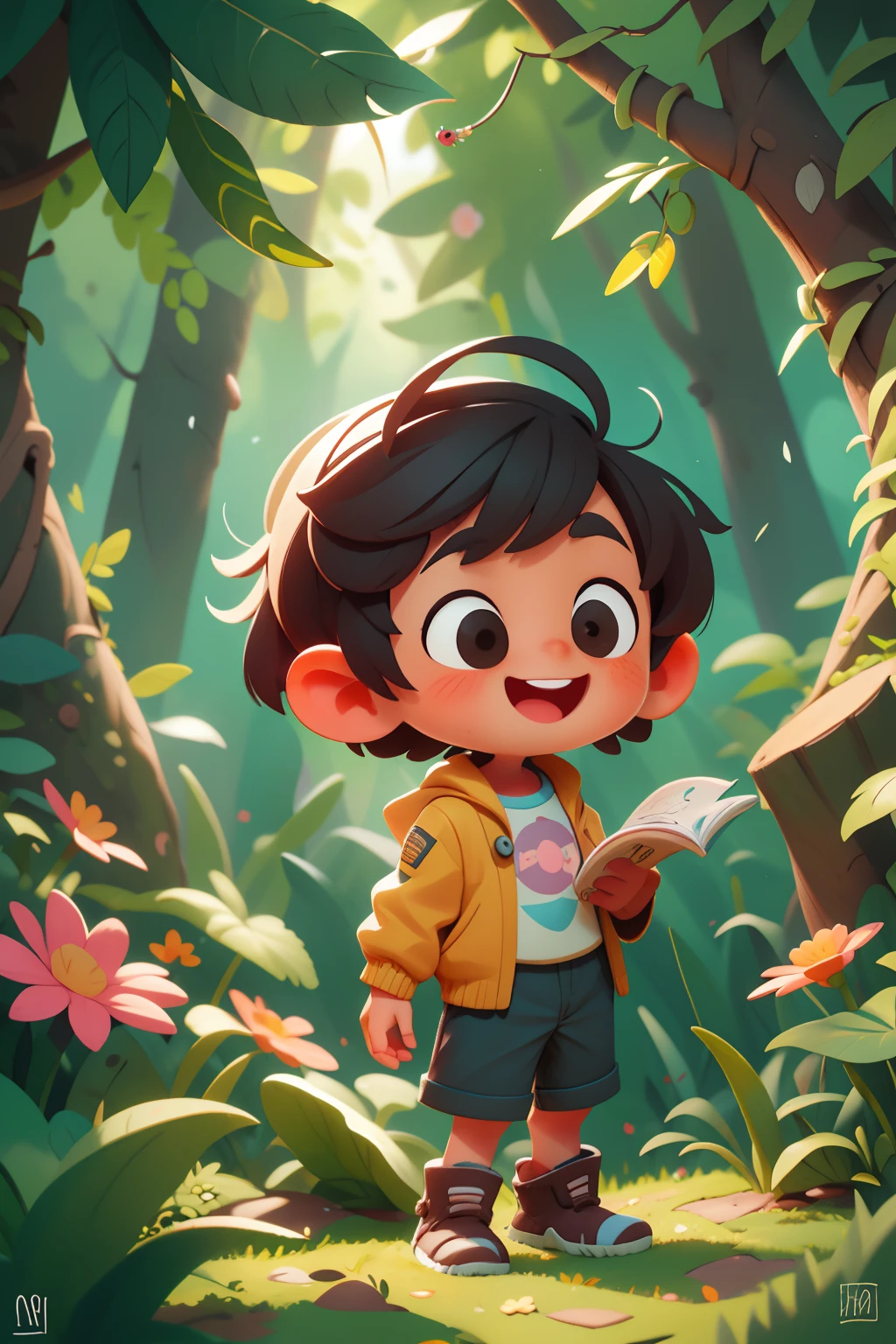 a happy cute standing short hair, vestindo uma fantasia espacial, brincando com uma borboleta, ao ar livre, floresta de fundo, barnet, toon, estilo pixar, 3d, desenhos animados, rosto detalhado, asymmetrical 16k