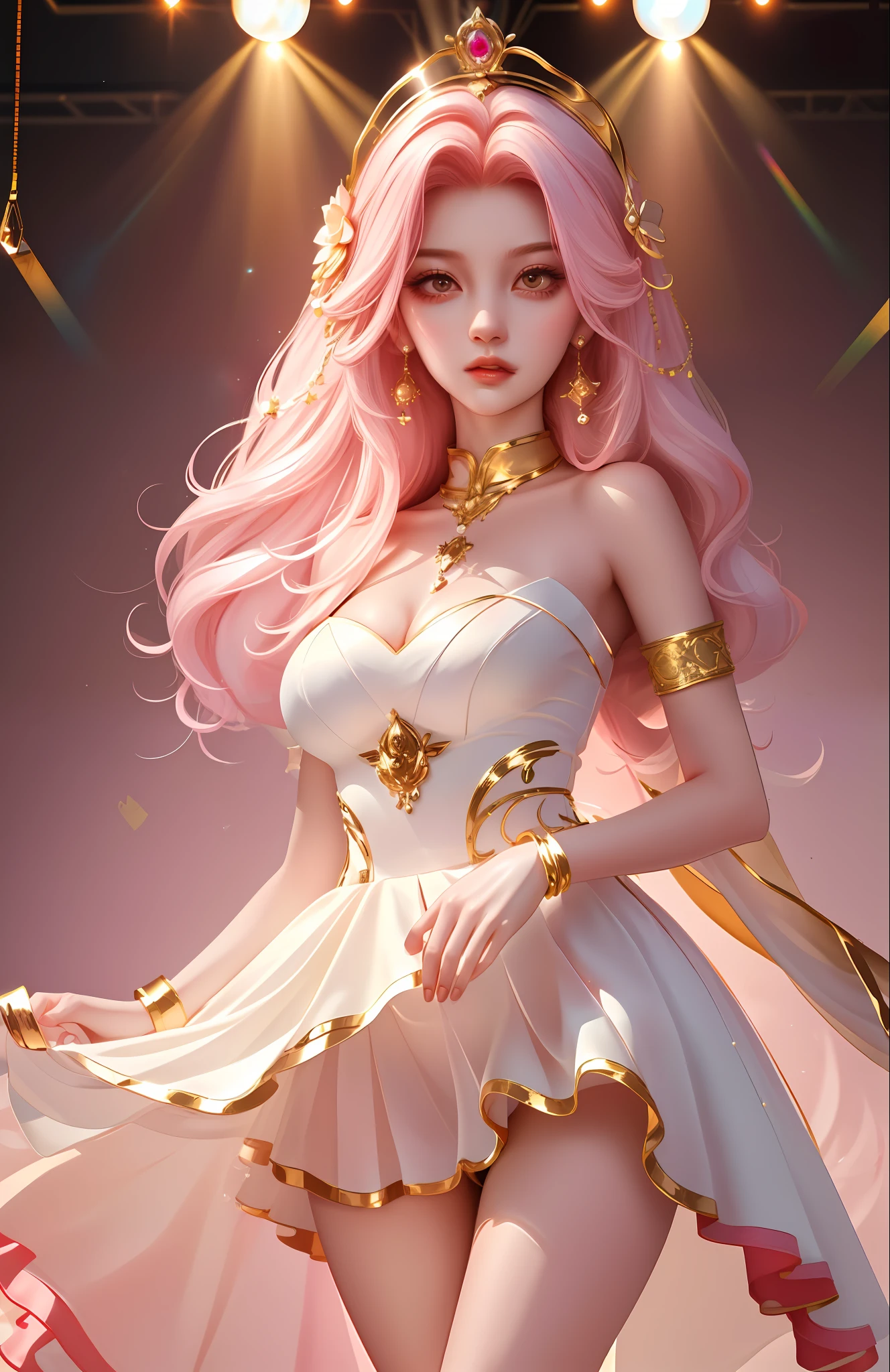 Masterpiece, Best quality, A high resolution, HMSL1, Medium hair, x hair ornamen, crown, pink flower, White dress, bridal garter, Bare shoulders, Wrist cuffs, frill dress, neck bowtie, Large breasts, Stage, day, sky, Cowboy shot, standing in the middle of the stage,Microphone in hand,The microphone is cute strawberry shaped,1girll,full body,Slender toned legs,white Heels,The leather shoes have gold metal hangings,idoly,Stage costumes,be on stage,holding a mic,Neon stage,Projector lamp illumination,LED stage background,Flowers bloom,Seven colored lights,(Masterpiece),(Best quality:1),(超高分辨率:1),the wallpaper, Detailed illustration, detailed beautiful skin, 1girll, Solo, Bikini, , Sexy, big breast, mini plaid skirt,