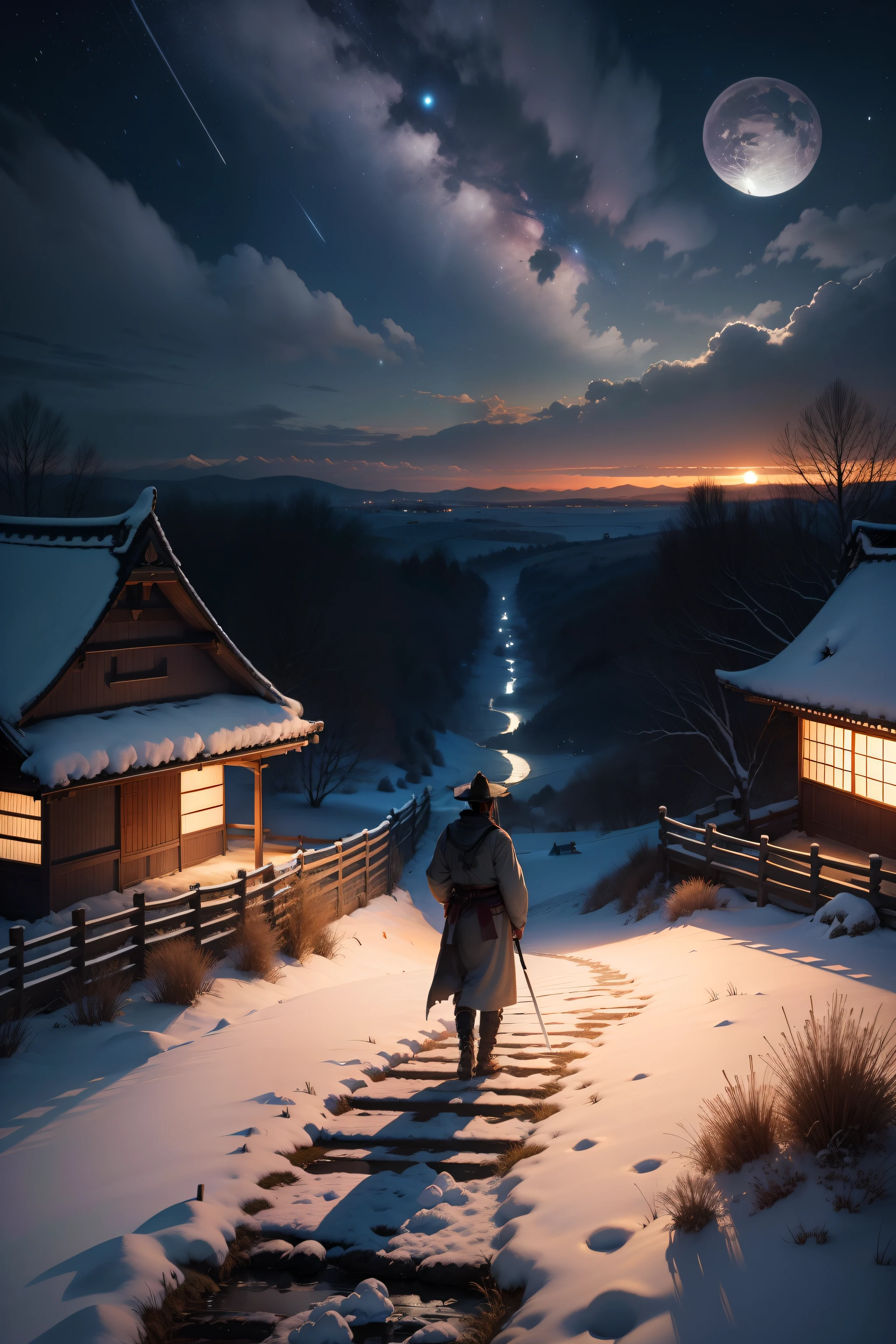 Vast landscape photos、Winters、countryside、natta、Straw roof、in the edo era、𝓡𝓸𝓶𝓪𝓷𝓽𝓲𝓬、night sky full of stars、fullmoon、Back view of a samurai with a sword at his waist、Straw roof、It's snowing、