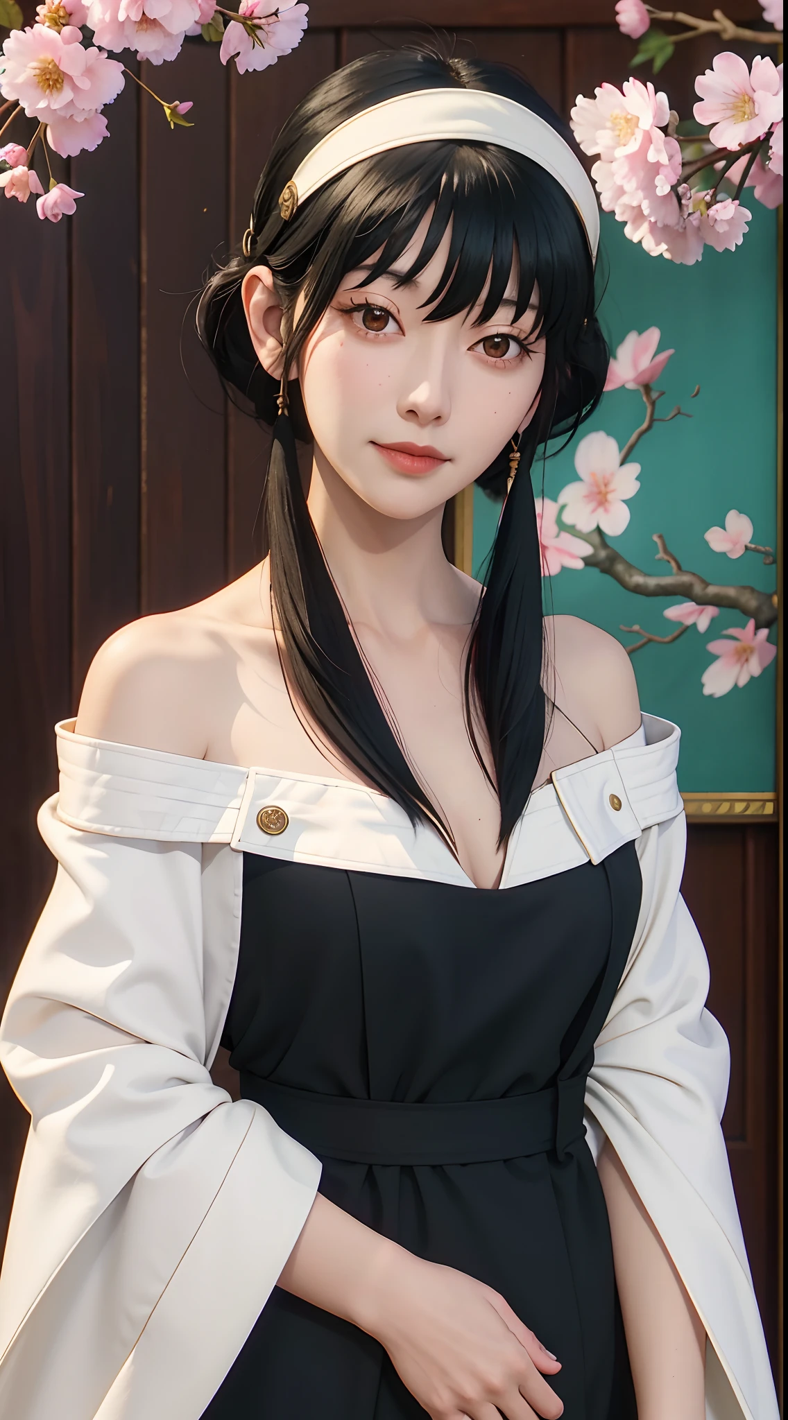 yor, Mature female,  bangs, side locks, Red eyes, Black hair, hair adornments，sportrait, (face:1.2), girls, ssmile,bare shoulders​, Black hair, cherry blossom, cleavage, (Robe:1.21), 鎖骨, Willow Branch, (masterpiece best quality :1.2),