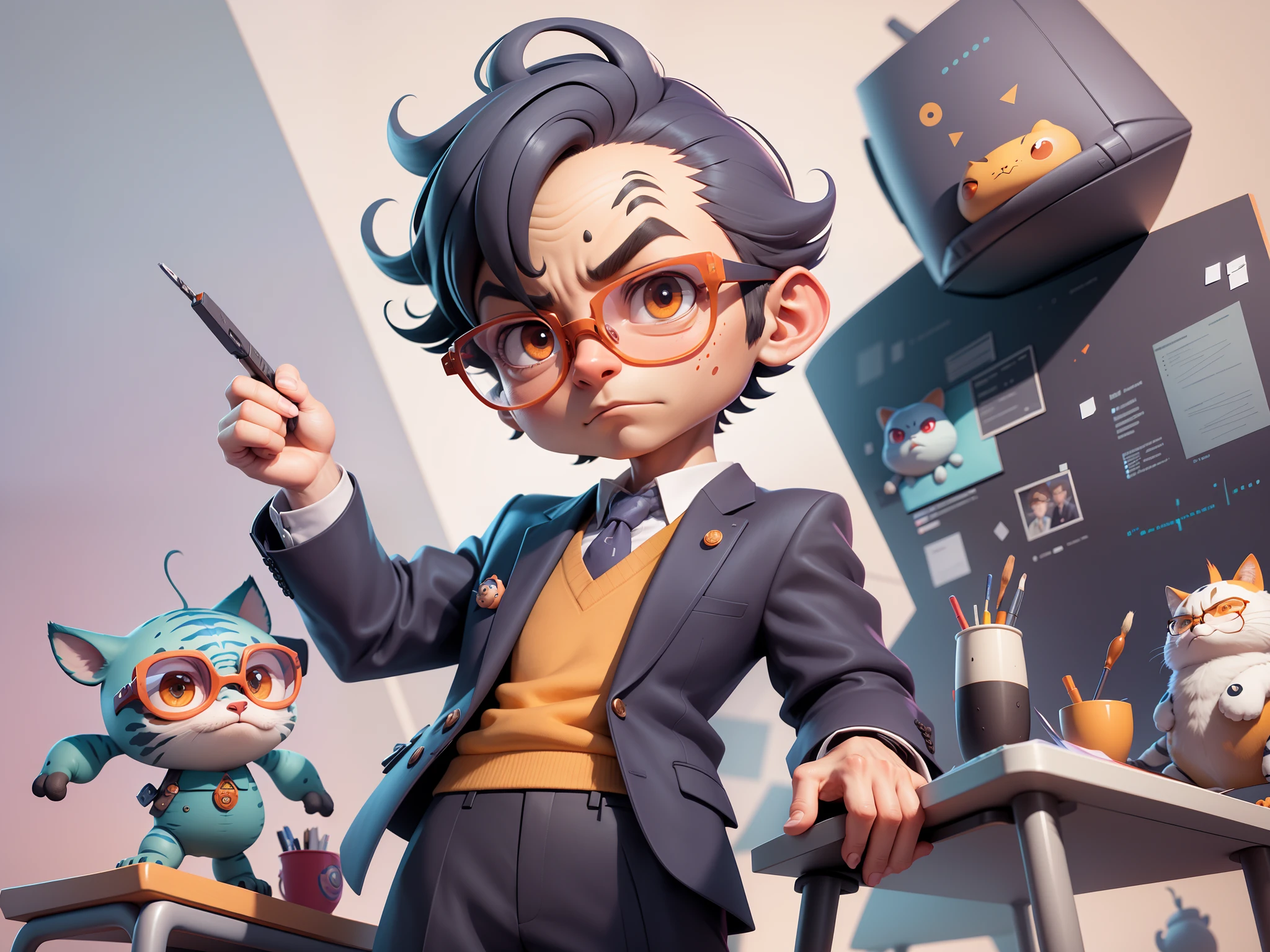 A young man in a suit, Short hair and glasses sat at his desk，holding laptop，digitial painting，tigre，3D character design by Mark Clairen and Pixar and Hayao Miyazaki and Akira Toriyama，4K HD illustration，Very detailed facial features and cartoon-style visuals。