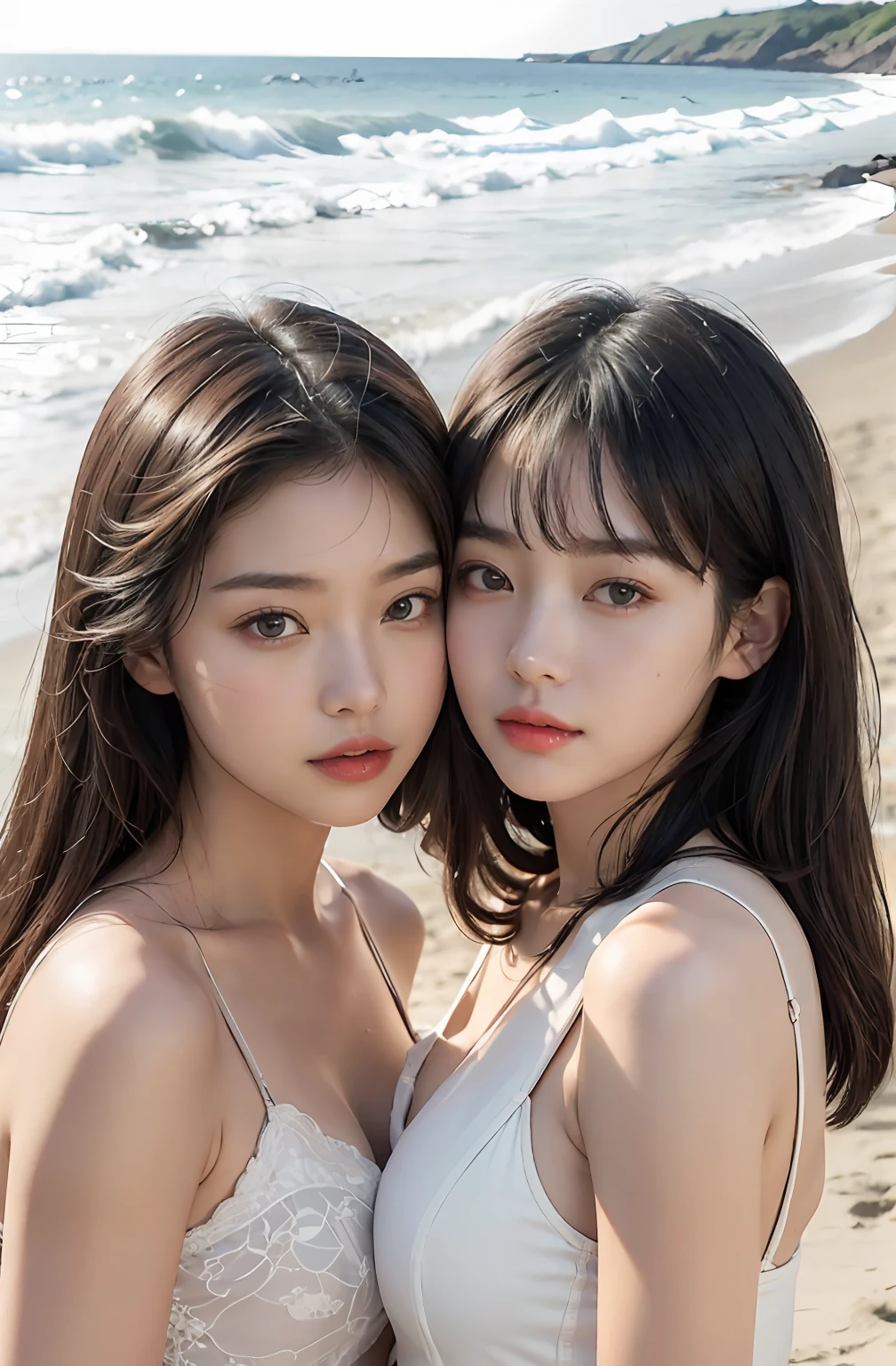 (Two Chinese stars with the style of royal sisters,duo,caressing the,Kissing),(((On the beach))), ((Best quality, 8K, Masterpiece: 1.3)), Focus: 1.2, Perfect body beauty: 1.4 , (funny expression), (Night Street: 1.3), Highly detailed face and skin texture, Fine eyes, Double eyelids, Whitens the skin, (Air bangs: 1.3), (face round: 1.5), (Thin strap top: 1.4),