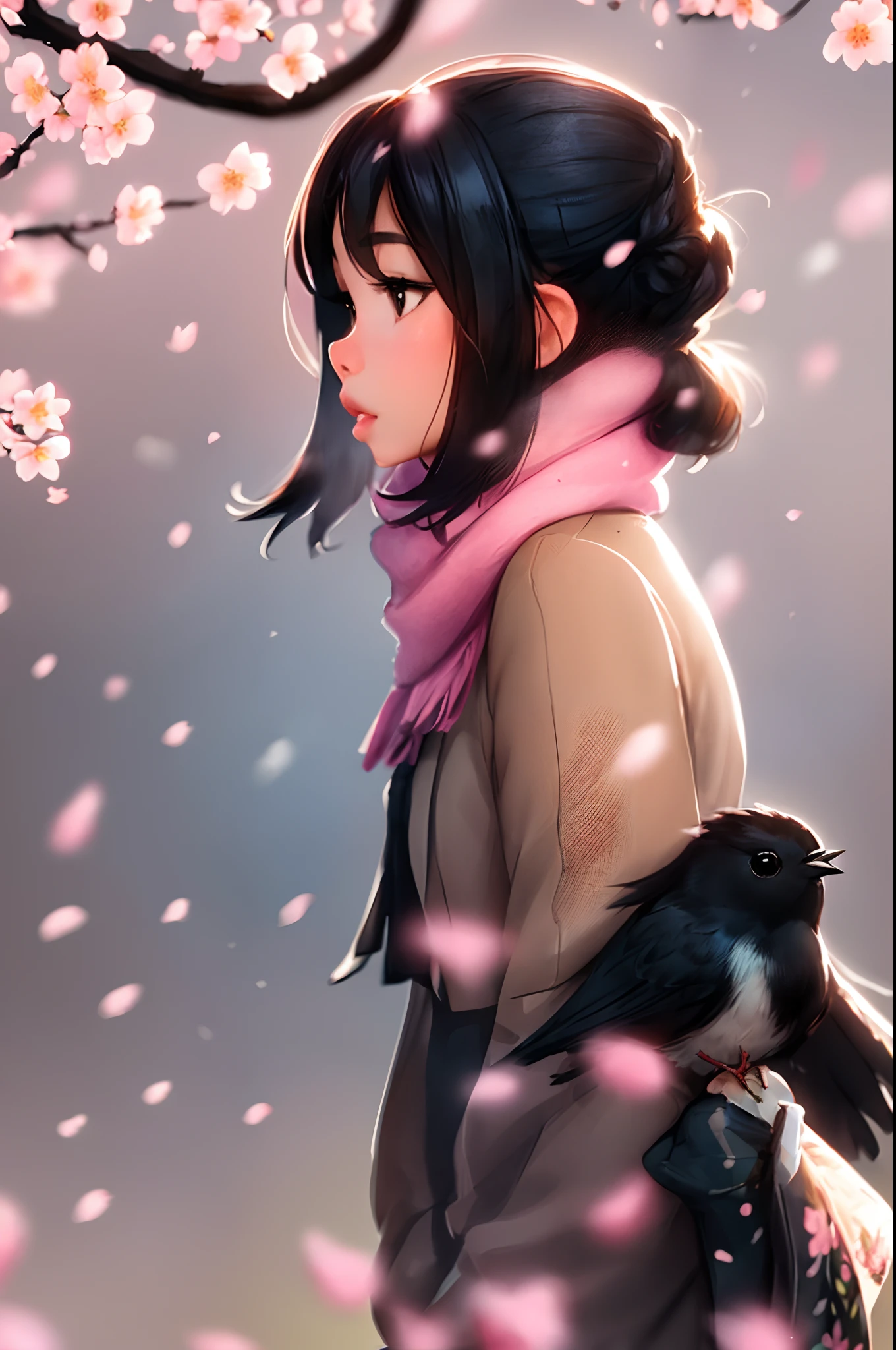 sam yang,
1girl, bird, black eyes, black hair, blurry, blurry background, cherry blossoms, lips, long-tailed tit, looking up, medium hair, profile, scarf, solo, tit (bird)
, ((masterpiece))