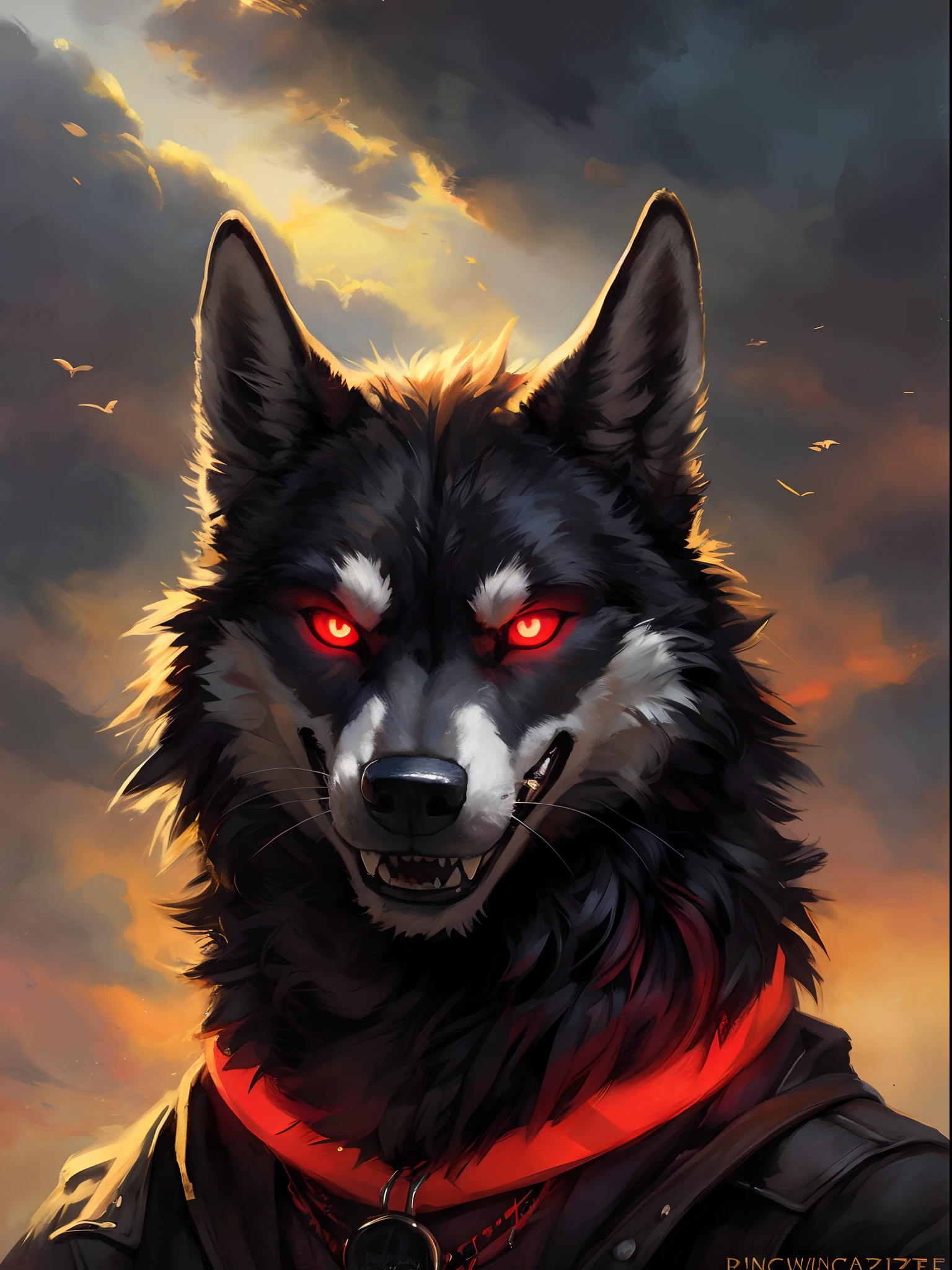 hochgeladen auf e621, beautiful and detailed portrait of a male feral wolf, kenket, Ross Tran,ruan jia, hochgeladen auf e621, high resolution, fotorealistisch, cenematic lighting, (((wicked))), (((am strand))), wolf, full entire body, Muzzle with sharp teeth, nacht bei vollmond, dunkelschwarzes pelz, schwarzes Gesicht, ((red glowing eyes)) Evil smiling face, strand outfit, solo, 1boy, selfie