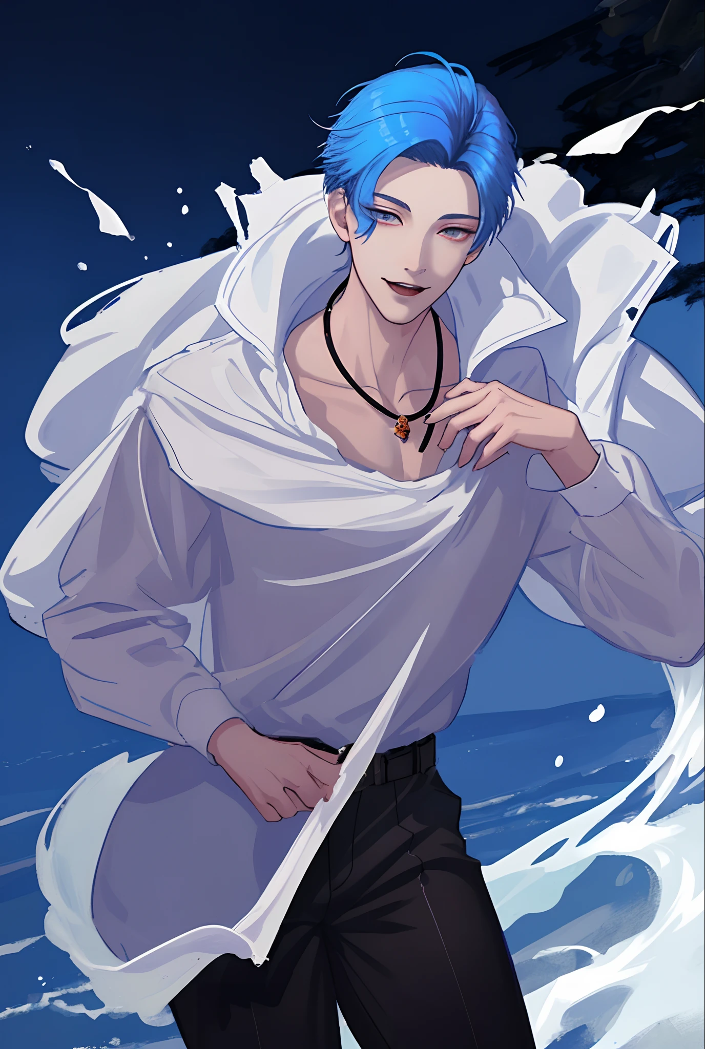 Moonlight behind, Stand in Front of the Church, Man with light blue hair, inspired by Sim Sa-jeong, nixeu and sakimichan, Inspired by Wang Duo, Morgoth, inspired by Bian Shoumin, Virtual Self, looking this way, inspired by Gang Se-hwang, inspired by jeonseok lee, Tumbler, high-level image quality、 beautiful male、tall、window、𝓡𝓸𝓶𝓪𝓷𝓽𝓲𝓬、Korean Male, k pop, Professional Photos, Vampires, À la Fed Man with Necklace, inspired by Sim Sa-jeong, androgynous vampire, :9 detailed face: 8, extra detailed face, detailed punk hair, ((eyes are brown)) baggy eyes, Seductive. Highly detailed, semi realistic anime, Vampires, hyperrealistic teen, delicate androgynous prince, imvu, short hair above the ears, Man with short hair, Gentle expression, Smiling expression, Cool pose, Korean fashion with white chest plate visible Y-shirt and black pants