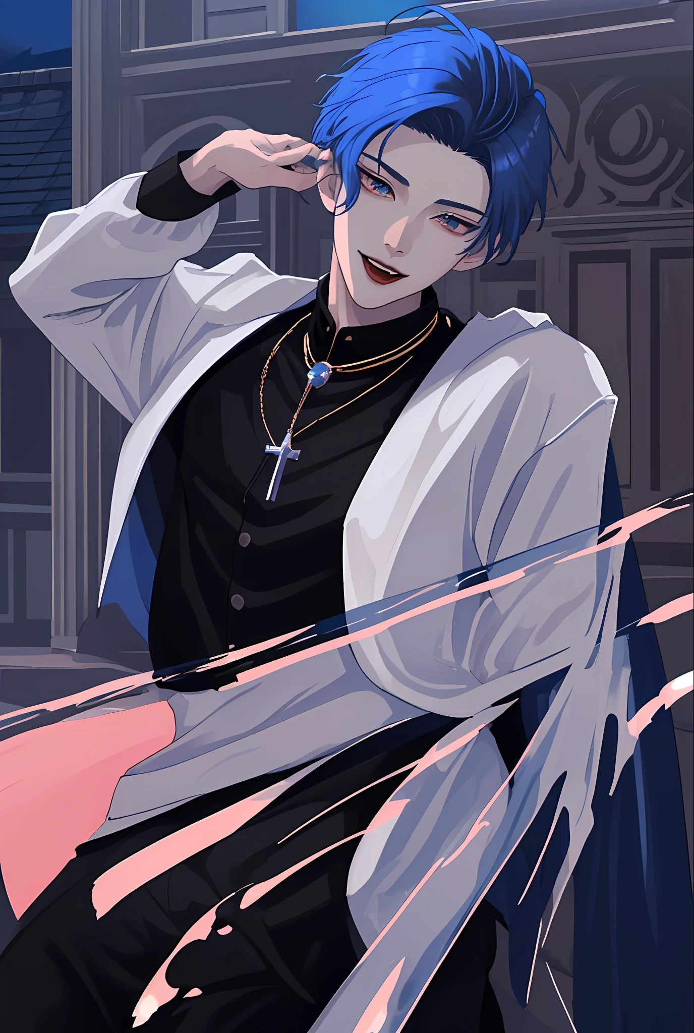 Moonlight behind, Stand in Front of the Church, Man with light blue hair, inspired by Sim Sa-jeong, nixeu and sakimichan, Inspired by Wang Duo, Morgoth, inspired by Bian Shoumin, Virtual Self, looking this way, inspired by Gang Se-hwang, inspired by jeonseok lee, Tumbler, high-level image quality、 beautiful male、tall、window、𝓡𝓸𝓶𝓪𝓷𝓽𝓲𝓬、Korean Male, k pop, Professional Photos, Vampires, À la Fed Man with Necklace, inspired by Sim Sa-jeong, androgynous vampire, :9 detailed face: 8, extra detailed face, detailed punk hair, ((eyes are brown)) baggy eyes, Seductive. Highly detailed, semi realistic anime, Vampires, hyperrealistic , delicate androgynous prince, imvu, short hair above the ears, Man with short hair, Gentle expression, Smiling expression, Cool pose, Korean fashion with white chest plate visible Y-shirt and black pants