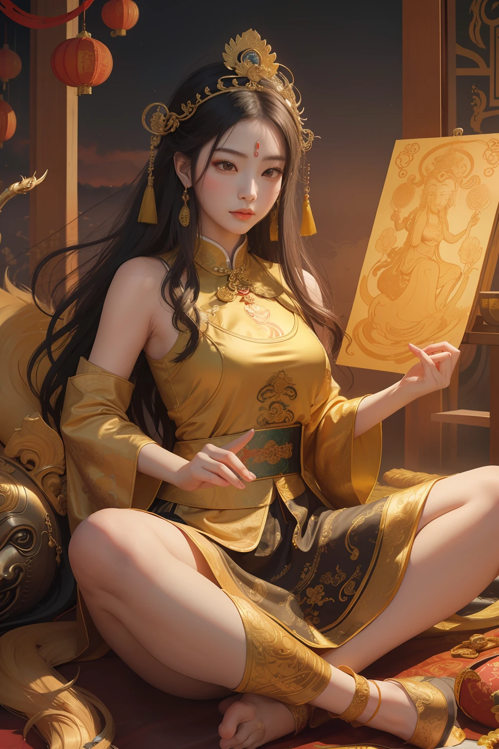 best quality, masterpiece, highres, (exquisite body: 1.5), beautiful face, (milky skin: 1.3), intricate details, high resolution, wallpaper, 1girl, solo, dress, hair ornament, ((((golden and red dress))), flowers, long hair, brown hair, closed mouth, jewelry, long sleeves, hand up, wide sleeves, big eyes, floating hair, chinese clothes, hanfu, embroidery, long skirt, natural pose,  falling petals, interior, fanning, flashlight, 16K, HDR, highres, depth field, (film grain: 1.1), boken, golden hour, (lens flare), vignette, rainbow, (color rating: 1.5)