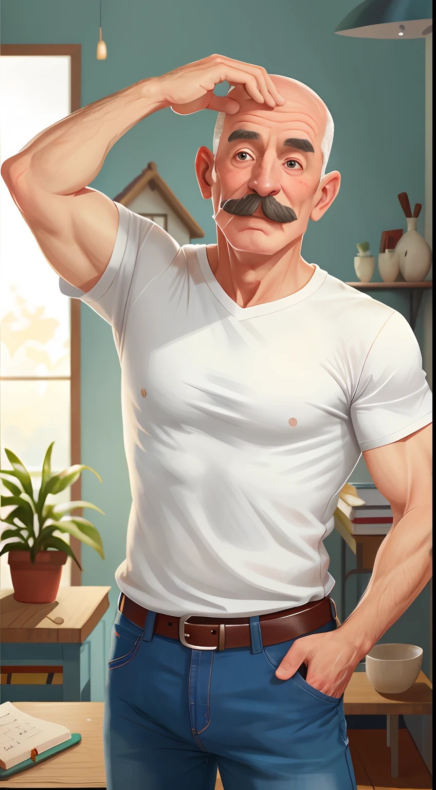 Homem de 60 anos com bigode . careca. careca. calvo e bem magro e branco . corpo franzino. wearing jeans and white shirt. Meia branca e sapato preto. various poses, mesmo personagem, feliz, feliz, qualidade perfeita, foco claro (mess-house: 0.8), (obra-prima: 1.2) (realista: 1.2) (bokeh) (melhor qualidade) (pele detalhada: 1.3) (detalhes intrincados) (8K) (olhos de detalhe) (foco nítido), (feliz)