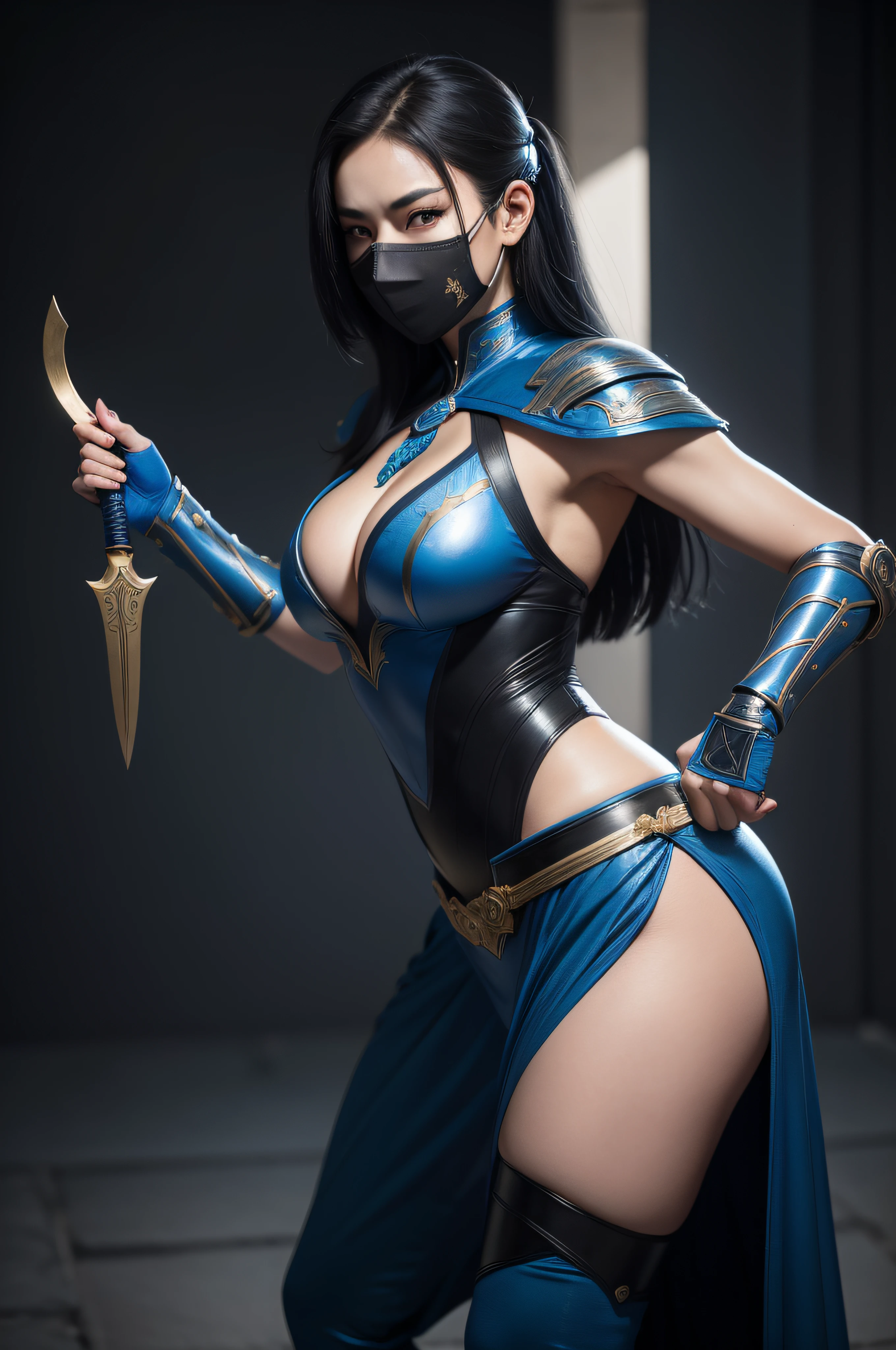 a woman in a blue outfit holding a steel fan weapon, a statue inspired by Fan Kuan, trending on Artstation, sōsaku hanga, kitana from mortal kombat, character from mortal kombat, mk ninja, render of mirabel madrigal, fighting game character, video game character, badass pose, fight pose, costume with blue accents, ultra high quality, long black hair, traditional blue mask on face, gold linings on her cloths