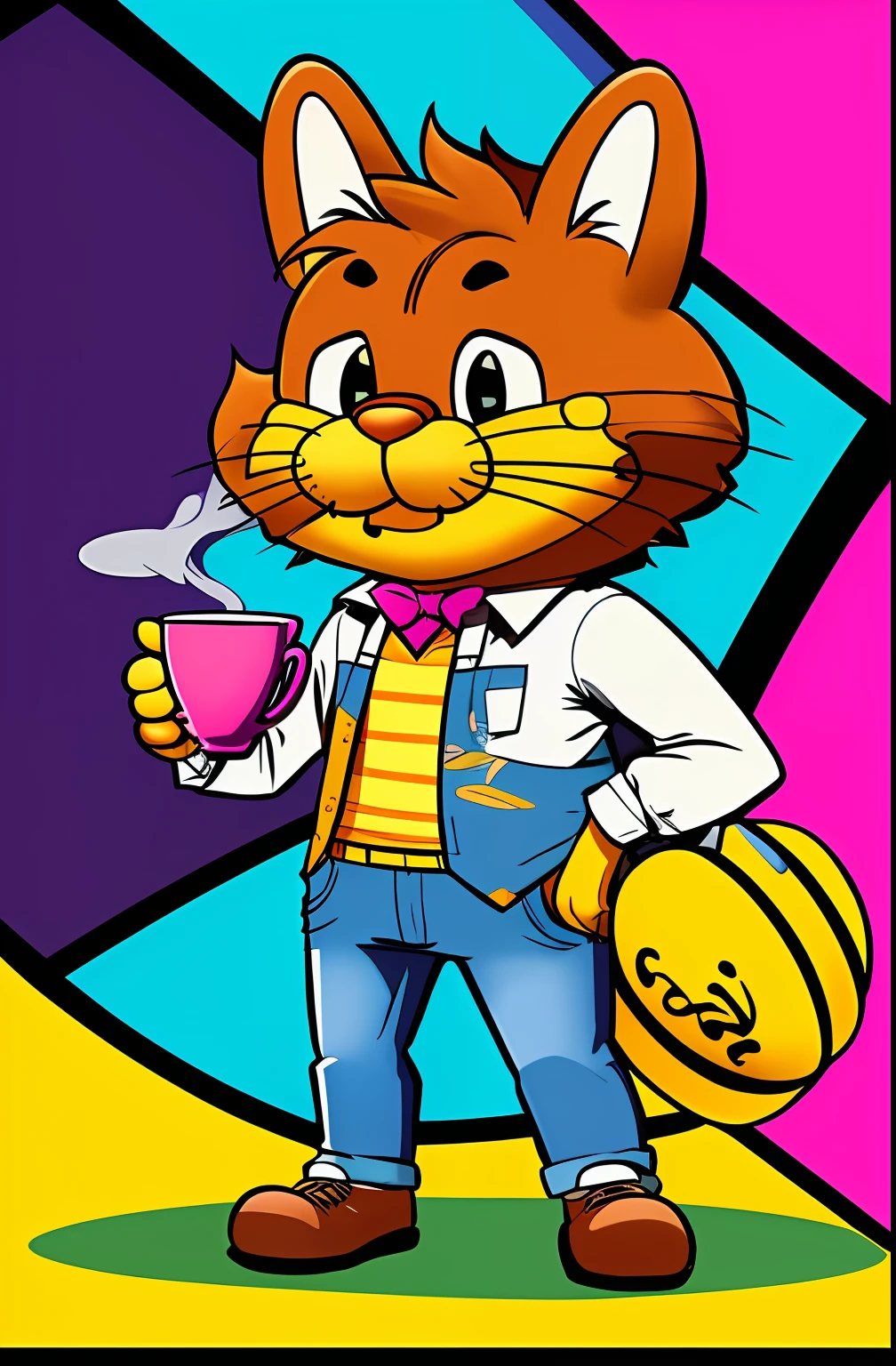 (ORIGINAL GARFIELD WITH A NICE CUP OF COFFEE COMING OUT SMOKE IN HIS HAND, Beautiful cup ,Coloridas ,pink and blue and yellow WRITTEN WE COOFFE IN THE CUP ), Eduardo Kobra ,Romero Brito,The Filling Twins ,multidimensional geometric wall PORTRAIT, arte, Chibi,
Yang08k, lindo, Colouring,
Primary works, qualidade superior, melhor qualidade, Arte Oficial, Beautiful and Aesthetic, 128 mil