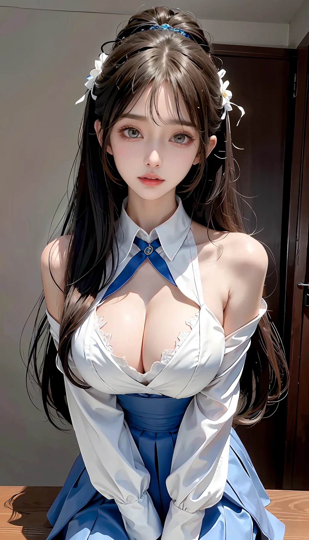 perfect figure beautiful woman：1.4，Layered Hair Style，Protruding cleavage，see-through school uniform：1.5，Highly Detailed Face and Skin Textur，二重まぶた，Whiten the skin，Collar