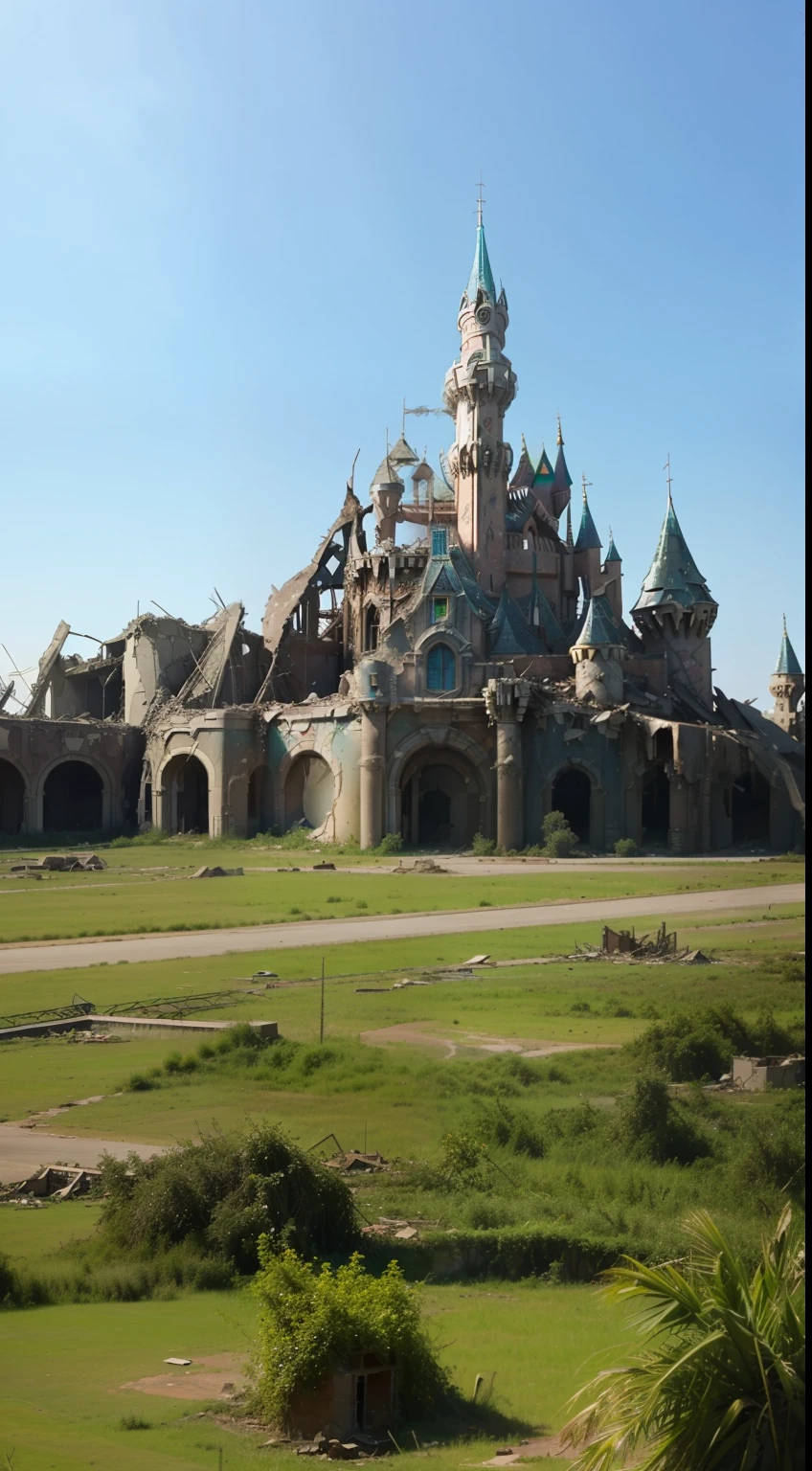 Post-apocalyptic Disneyland, ((Ruin, Destroyed buildings)), There are practically no surviving buildings, (Everything is overgrown with bushes and grass, desolation), Mid-range photos, (professional photo of a, Clear image, Maximum Quality, Maximum resolution), bright colours,