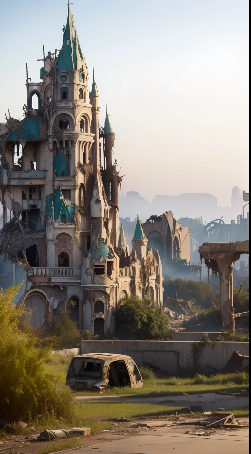 Post-apocalyptic Disneyland, ((Ruin, Destroyed buildings)), There are practically no surviving buildings, (Everything is overgrown with bushes and grass, desolation), Mid-range photos, (professional photo of a, Clear image, Maximum Quality, Maximum resolution), bright colours,