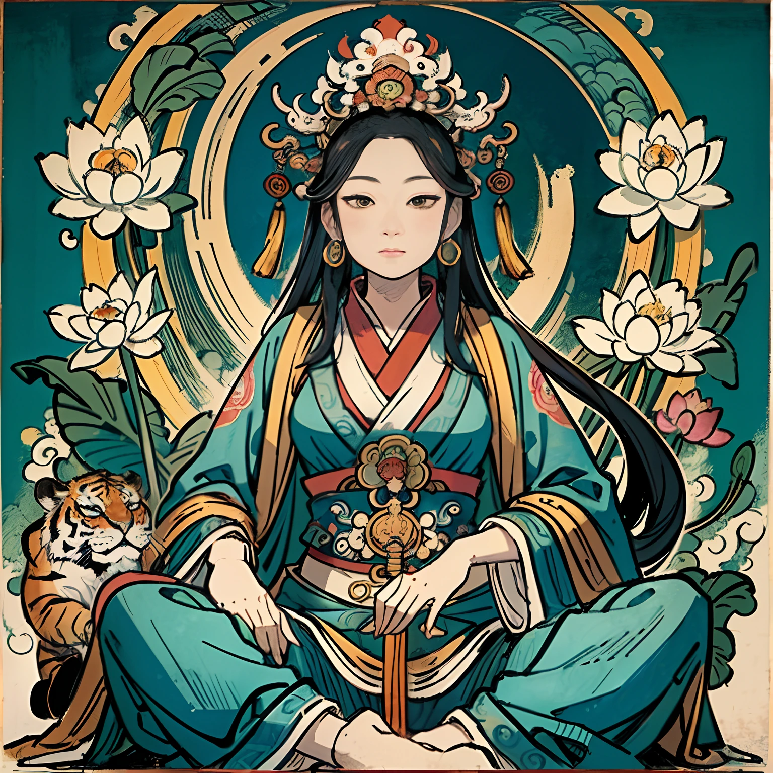 an ancient Chinese goddess, guanyin of the southern seas, Guanyin, Inspired by India, Avalokiteshvara rides a tiger，,Serene expression,shui mo hua,Buddha,Buddhist,Lotus,Chinese painting style,Thangka style