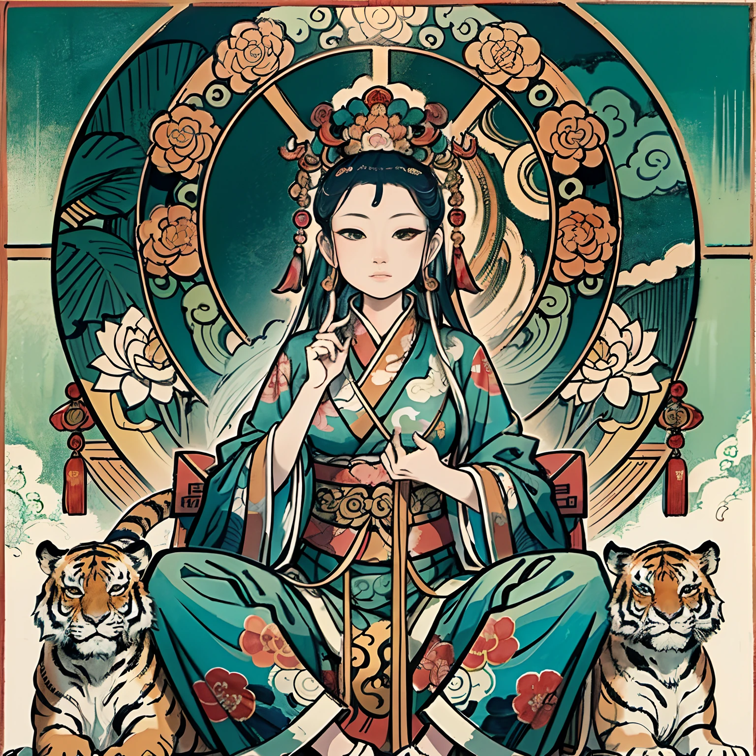 an ancient Chinese goddess, guanyin of the southern seas, Guanyin, Inspired by India, Avalokiteshvara rides a tiger，,Serene expression,shui mo hua,Buddha,Buddhist,Lotus,Chinese painting style,Thangka style