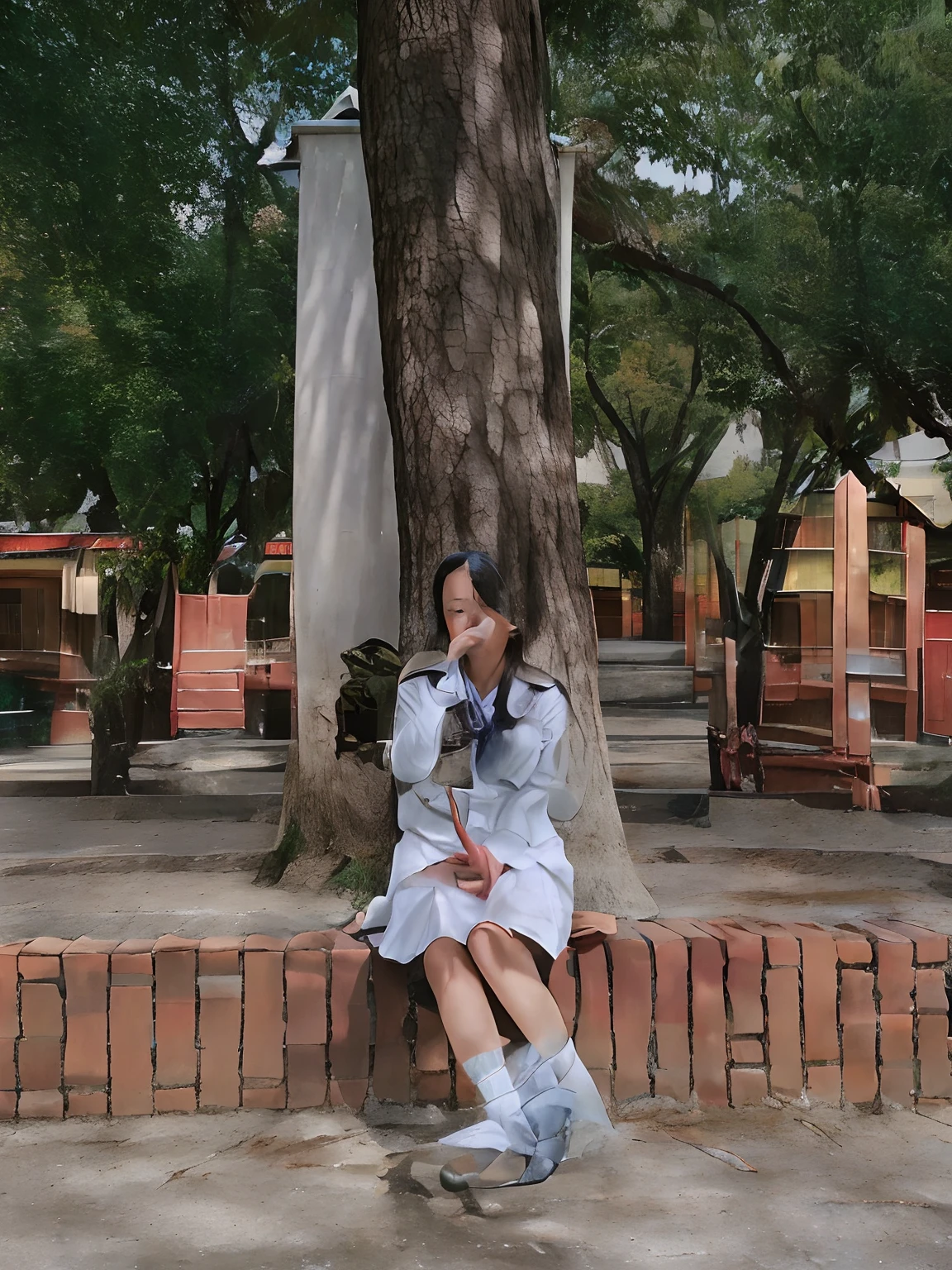 there is a woman sitting on a brick wall next to a tree, next to a tree, dang my linh, wearing japanese school uniform, with a tree in the background, wearing school uniform, wearing a school uniform, with a tall tree, of a schoolgirl posing, sitting under a tree, casual pose, magical school student uniform