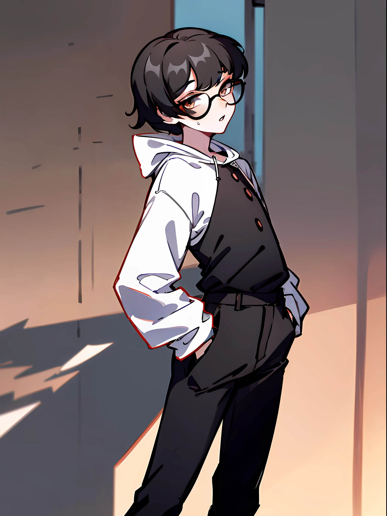 1boy, short black hair, brown eyes, wearing white shirt, wearing glasses, wearing long black pants, wearing hoodie, city, absurdres, high res, ultrasharp, 8K, masterpiece, looking at viewer