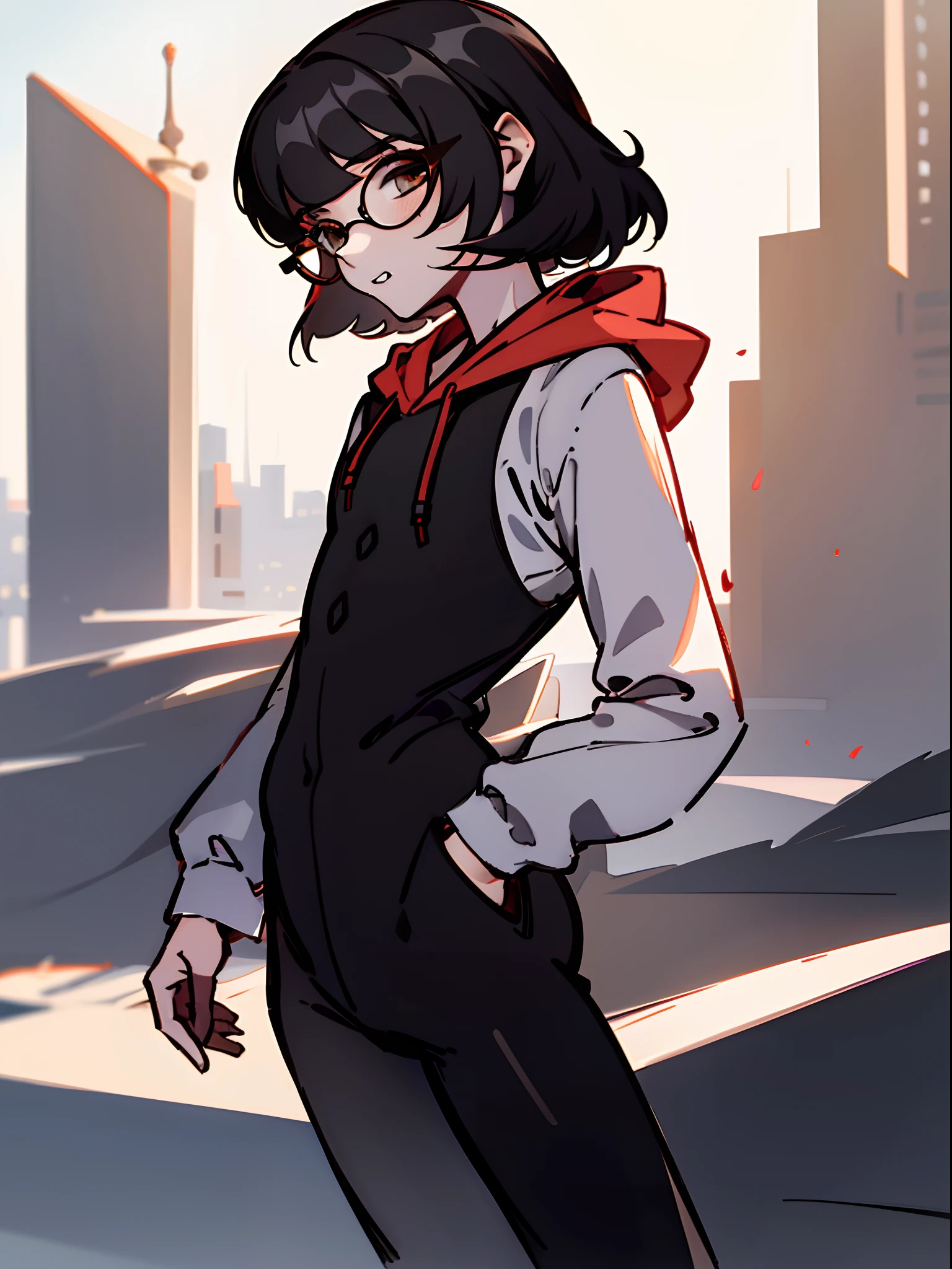 1boy, short black hair, brown eyes, wearing white shirt, wearing glasses, wearing long black pants, wearing hoodie, city, absurdres, high res, ultrasharp, 8K, masterpiece, looking at viewer