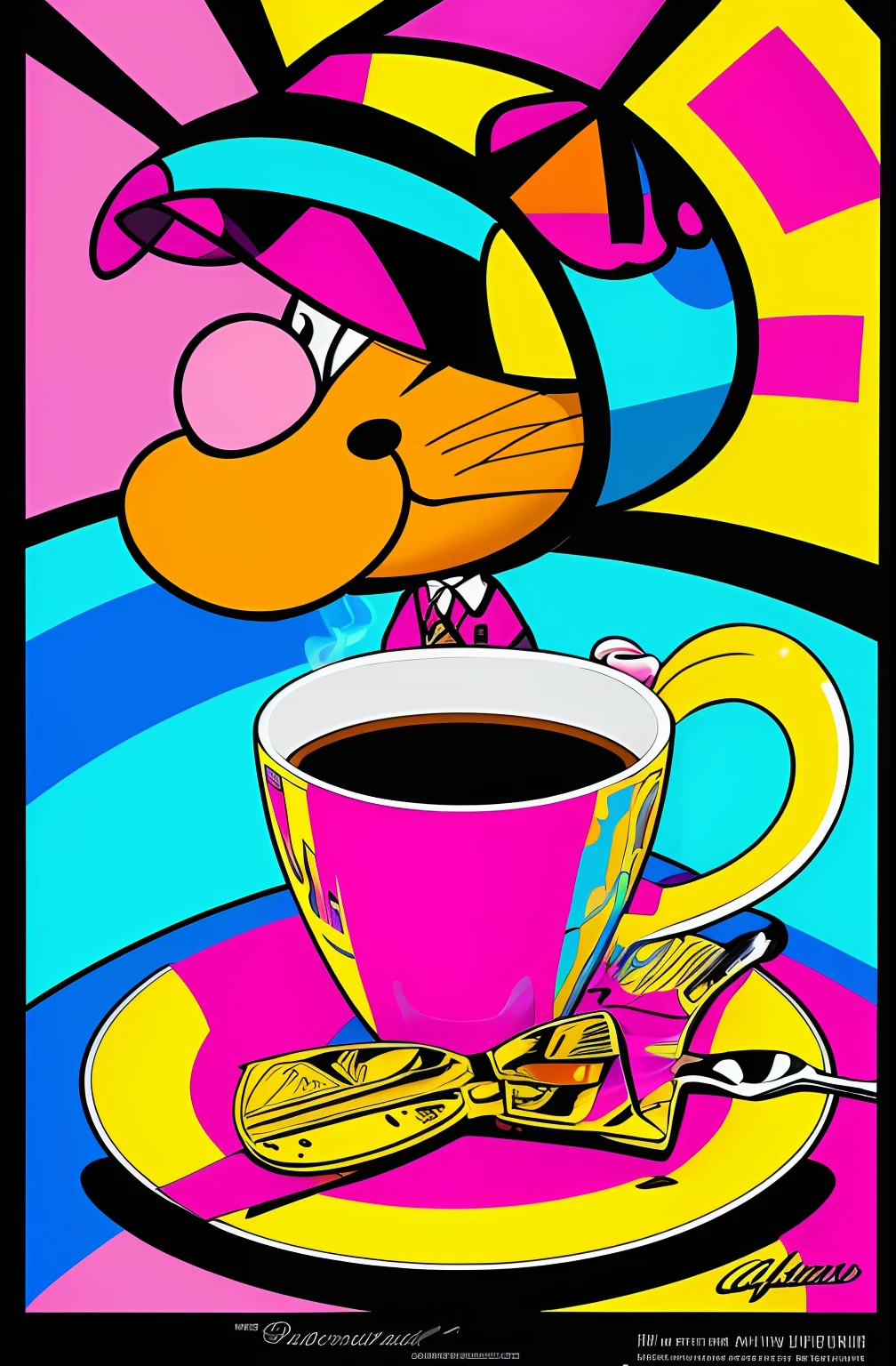 (ORIGINAL GARFIELD WITH A NICE CUP OF COFFEE COMING OUT SMOKE IN HIS HAND, Beautiful cup ,Coloridas ,pink and blue and yellow WRITTEN WE COOFFE IN THE CUP ),  Eduardo Kobra ,Romero Brito,The Filling Twins ,multidimensional geometric wall PORTRAIT, arte, Chibi,
Yang08k, lindo, Colouring,
Primary works, qualidade superior, melhor qualidade, Arte Oficial, Beautiful and Aesthetic, 128 mil