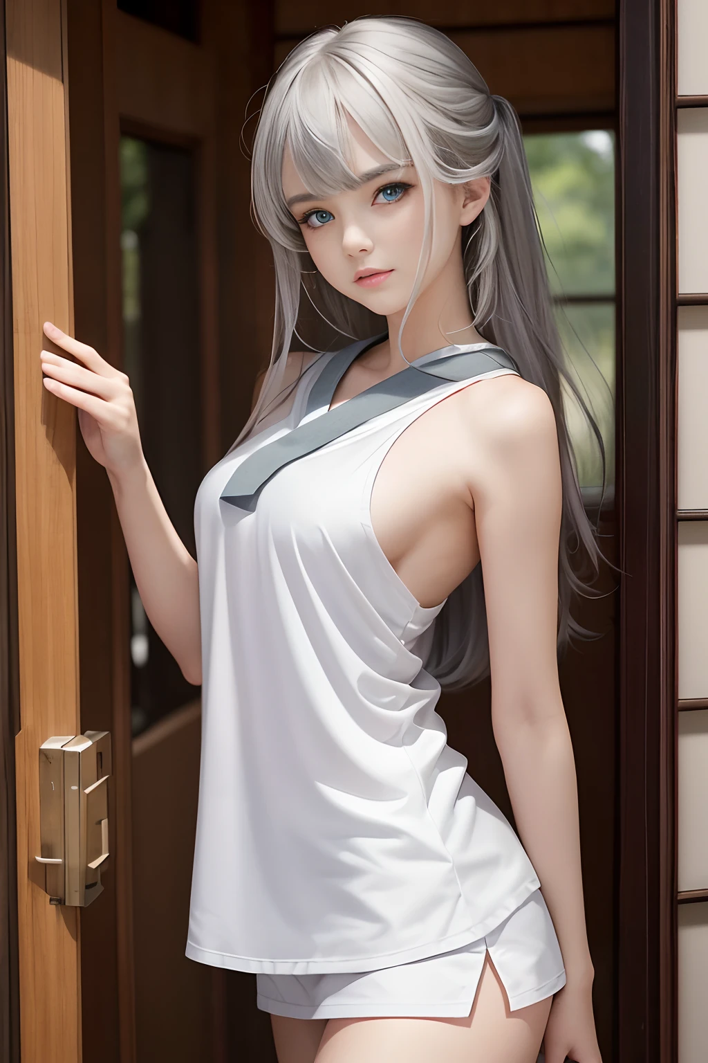 Superb quality, Masterpiece, high resolution, Best quality, hyper HD, Super detail, Award-Awarded, 16k, (Upper body), A beautiful maiden, Gray hair, Hair, ((Heterochromia)), Hanging corners, Fair skin, (Small breasts), (Slim body), (Japanese student uniforms are witty... --auto