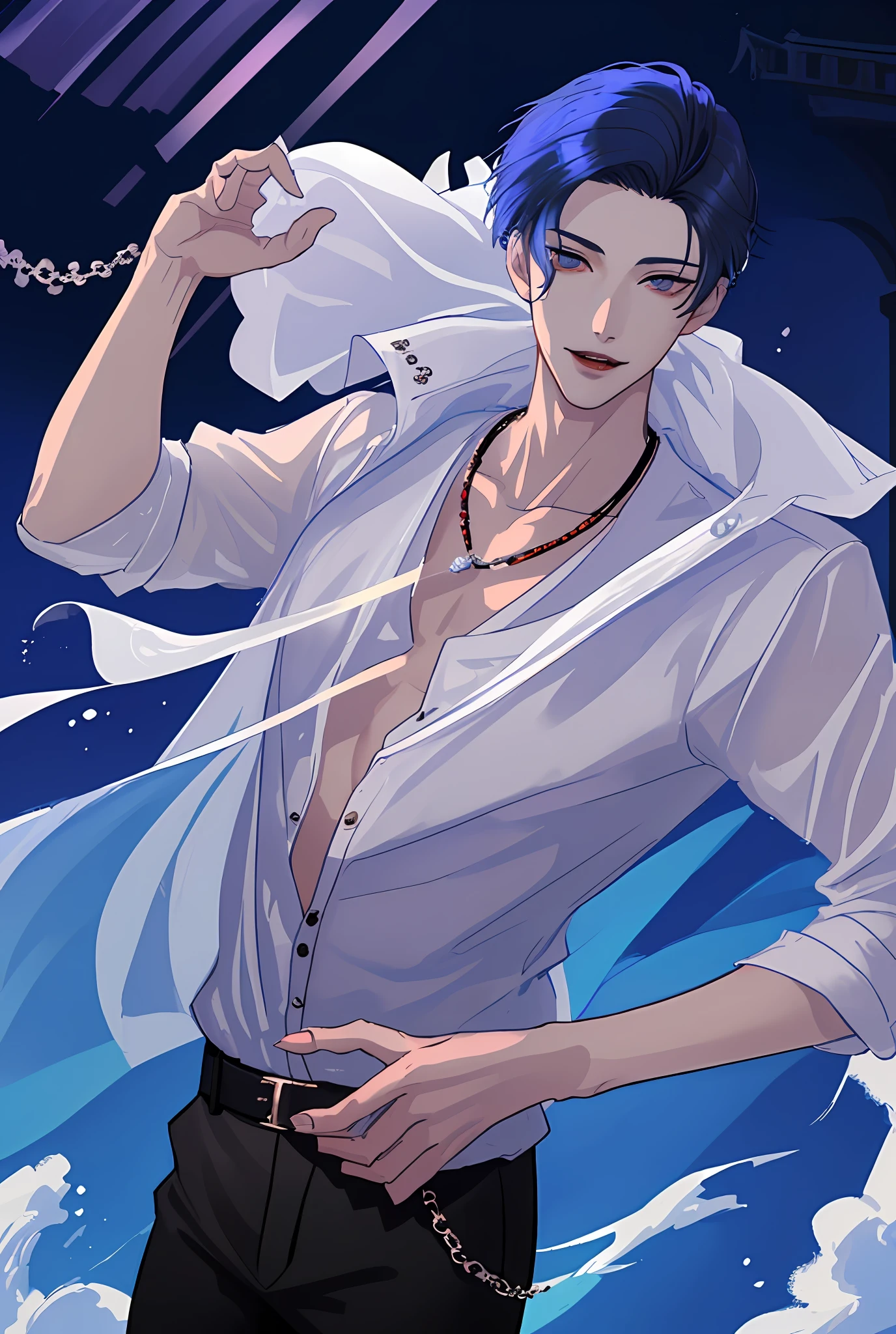 Moonlight behind, Standing by the seaside, Man with light blue hair, inspired by Sim Sa-jeong, nixeu and sakimichan, Inspired by Wang Duo, Morgoth, inspired by Bian Shoumin, Virtual Self, looking this way, inspired by Gang Se-hwang, inspired by jeonseok lee, Tumbler, high-level image quality、 beautiful male、tall、window、𝓡𝓸𝓶𝓪𝓷𝓽𝓲𝓬、Korean Male, k pop, Professional Photos, Vampires, À la Fed Man with Necklace, inspired by Sim Sa-jeong, androgynous vampire, :9 detailed face: 8, extra detailed face, detailed punk hair, ((eyes are brown)) baggy eyes, Seductive. Highly detailed, semi realistic anime, Vampires, hyperrealistic teen, delicate androgynous prince, imvu, short hair above the ears, Man with short hair, Gentle expression, Smiling expression, Cool pose, Korean fashion with white chest plate visible Y-shirt and black pants