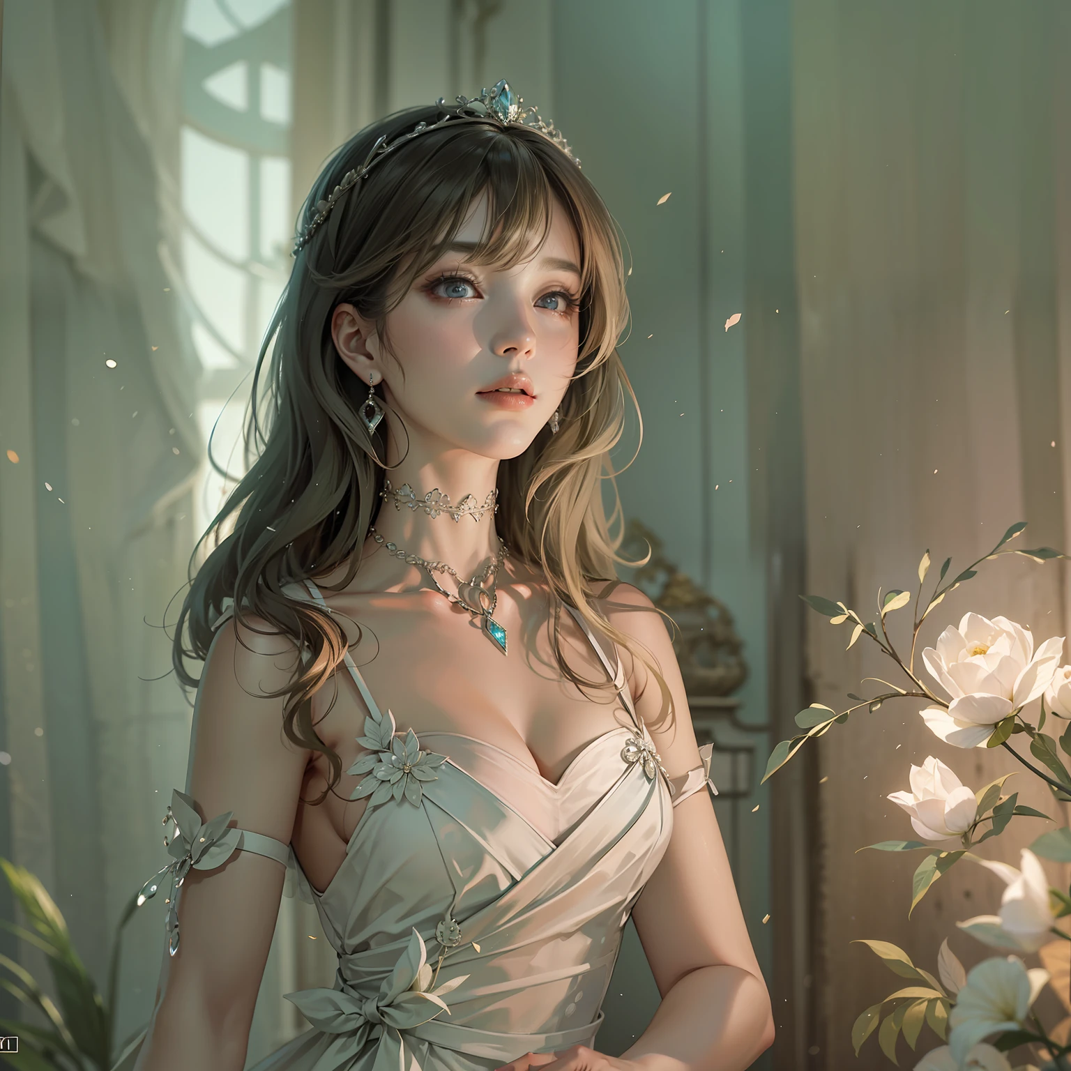 Best quality、tmasterpiece、A high resolution、1girll、Porcelain dress、Beautifully detailed hair accessories、choker necklace、jewely、pretty  face、Physically、Tyndall effect、realisticlying、Shadow Studio、edge lit、bicolor lighting、（highdetailskin：1.2）、8K, Ultra HD、Digital SLR、softlighting、high high quality、volumettic light、sneak shot、photore、A high resolution、4K、8K、The background is blurred out，